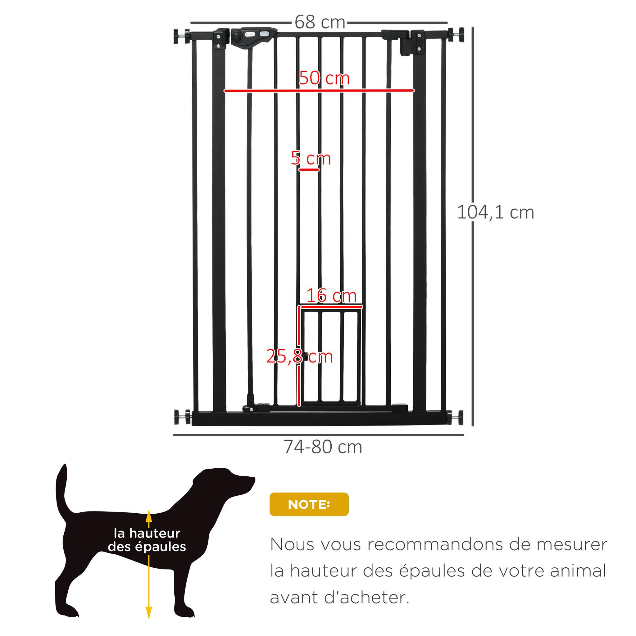 Voir la diapositive 3 : PAWHUT Barrière de sécurité animaux - longueur réglable dim. 74-80 cm - porte double verrouillage, ouverture double sens, petite porte -sans perçage - acier plastique noir