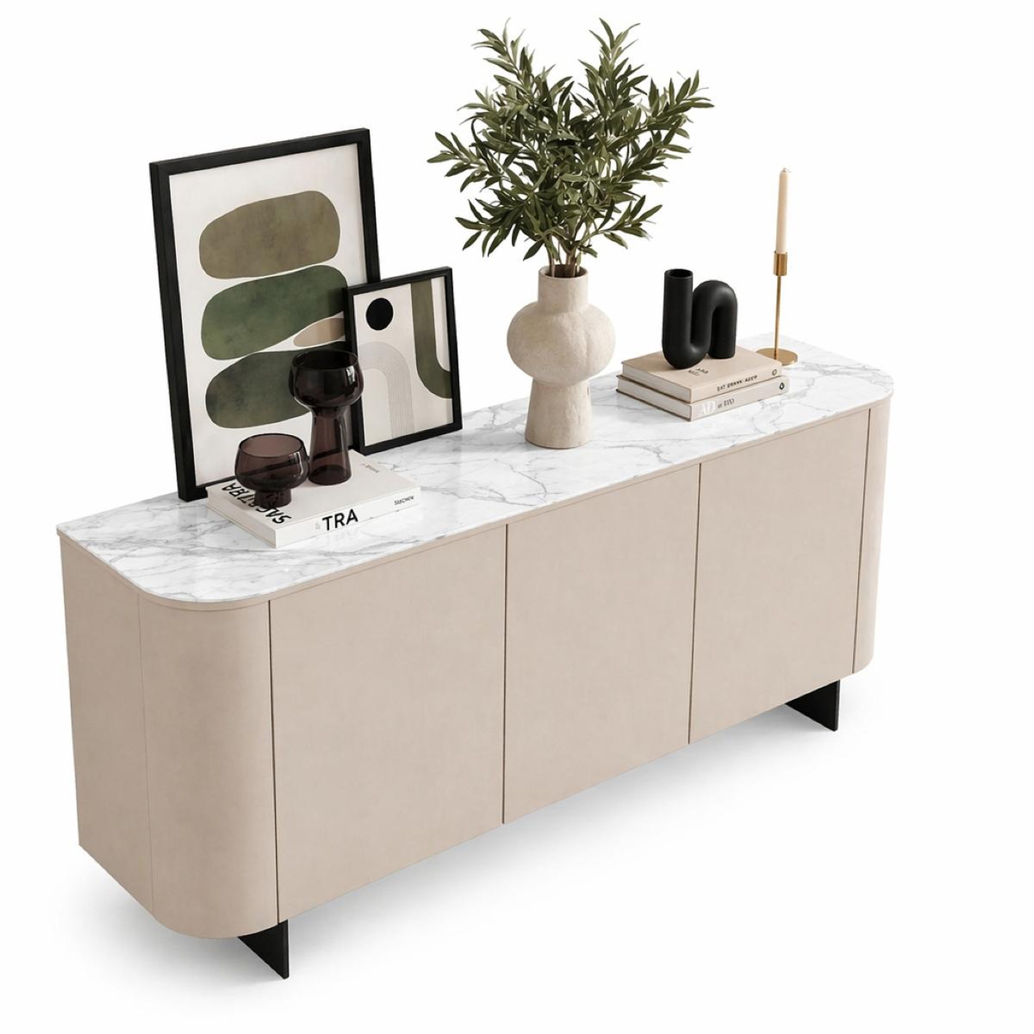 JLC KREATION Buffet 3 portes beige et décor marbre blanc 180cm isabela