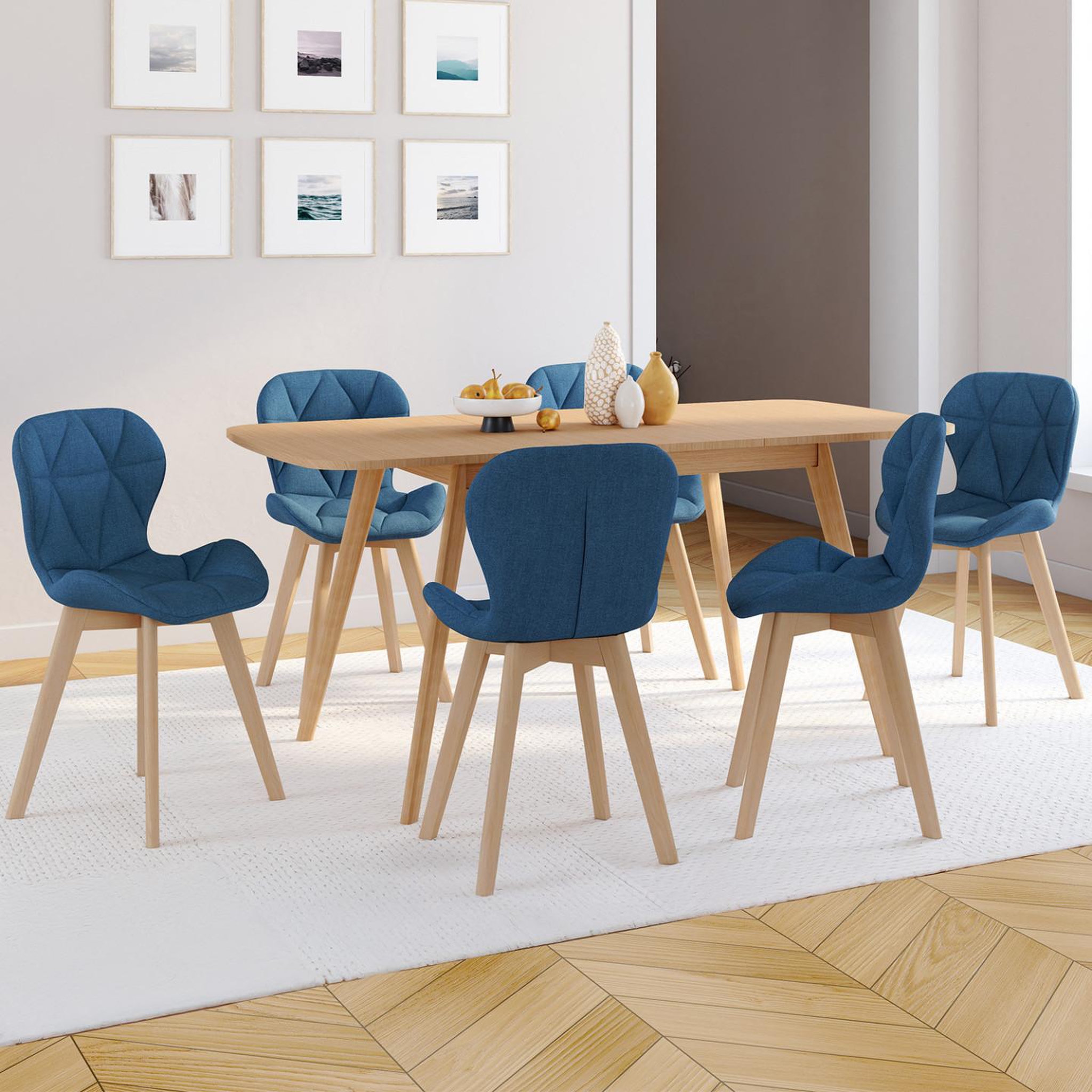 Voir la diapositive 2 : ID MARKET Lot de 6 chaises robine en tissu bleu canard pour salle à manger