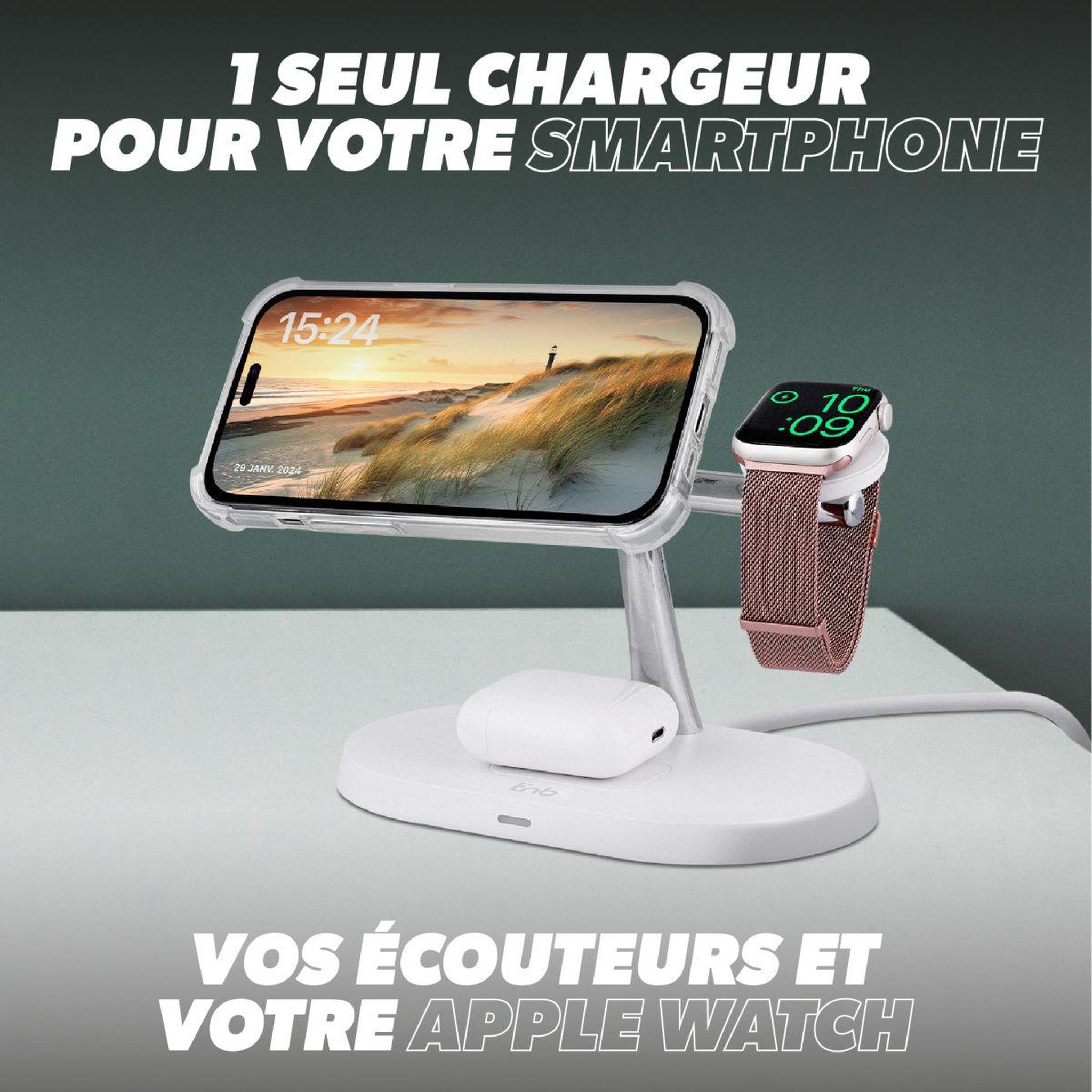 Voir la diapositive 2 : TNB Chargeur station de charge sans fil 3 en 1 blanc