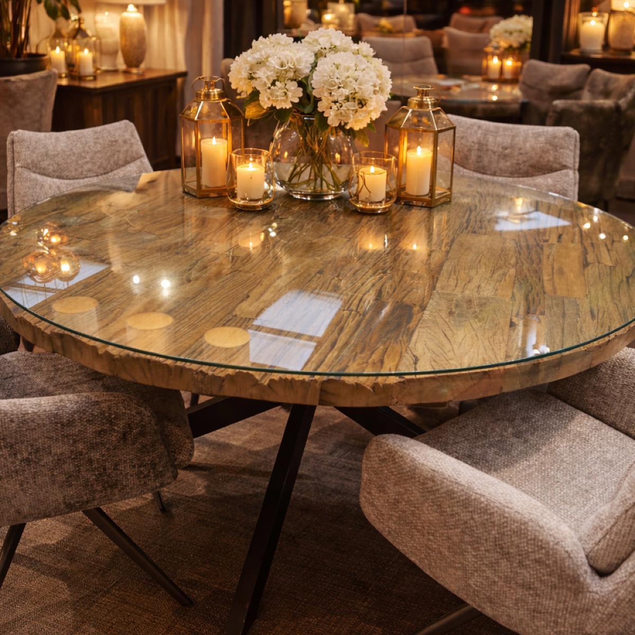 Voir la diapositive 3 : JLC KREATION Table à manger ronde en bois et verre 130cm KLASS