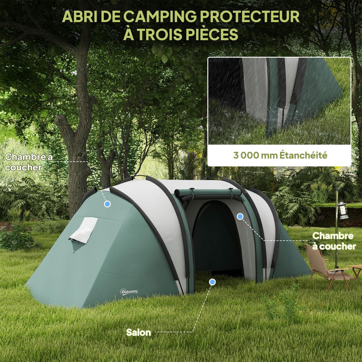 OUTSUNNY Tente de camping familiale 4-5 pers. 2 chambres 3 fenêtres sac vert