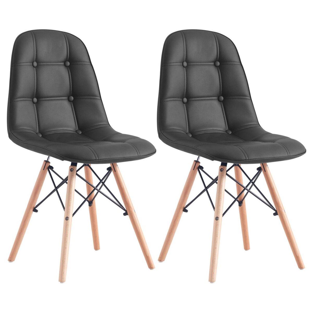 IDIMEX Lot de 2 chaises CESAR pour salle à manger ou cuisine avec 4 pieds en bois et assise capitonnée, revêtement synthétique noir