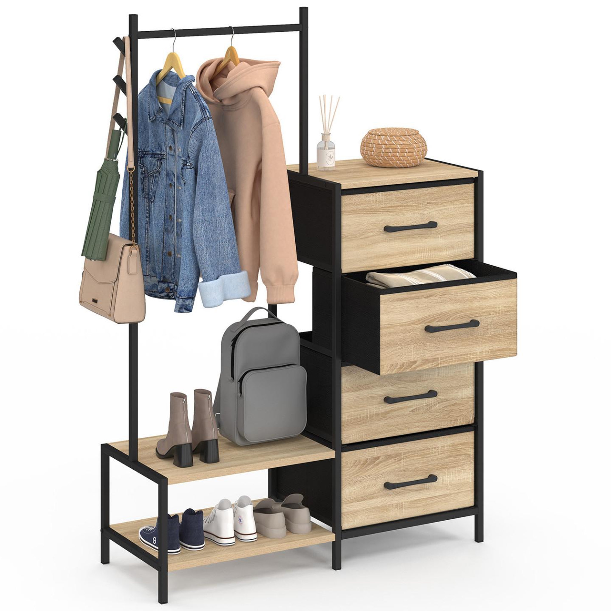 Voir la diapositive 4 : ID MARKET Commode 4 tiroirs en tissu utah 84 cm et penderie avec étagères et patères, design industriel