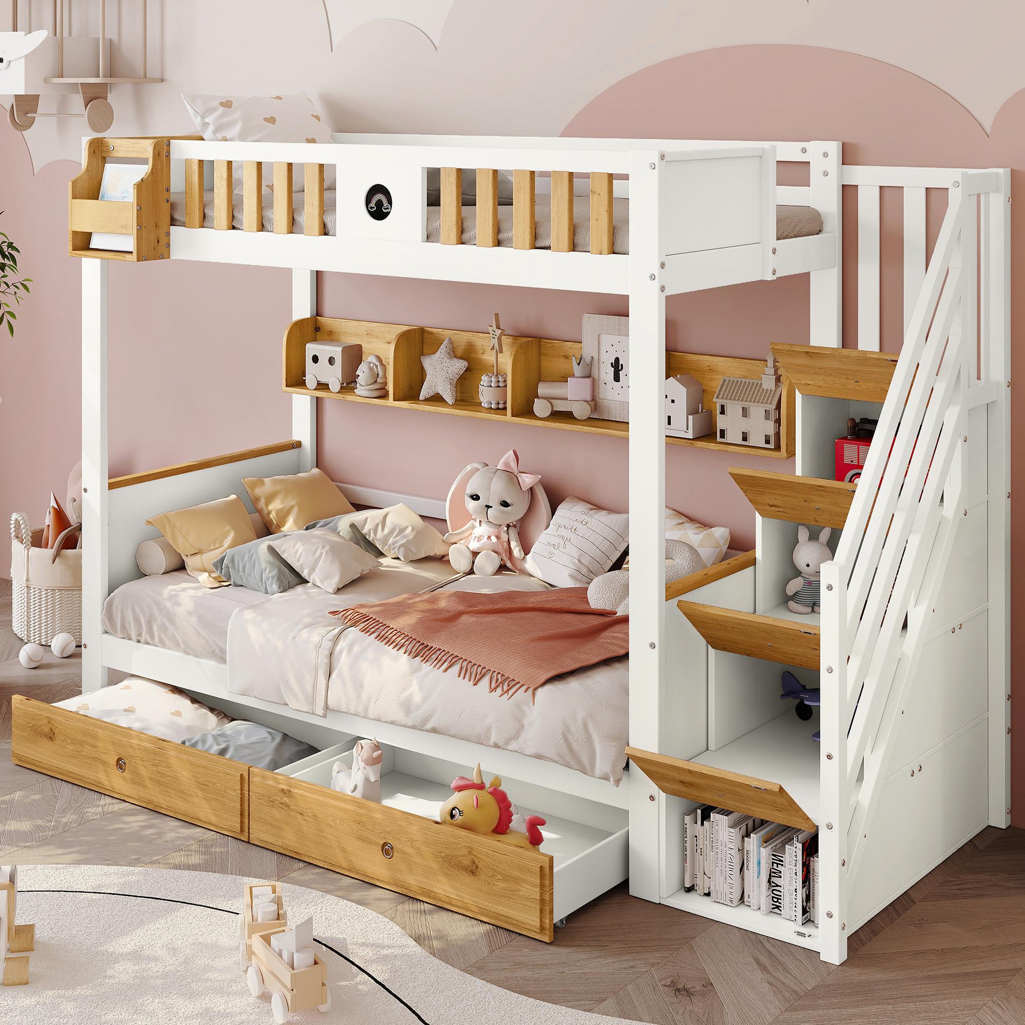 Voir la diapositive 4 : MERAX Lit superposé 90x200(120x200)cm bois et mdf coloris blanc+naturel