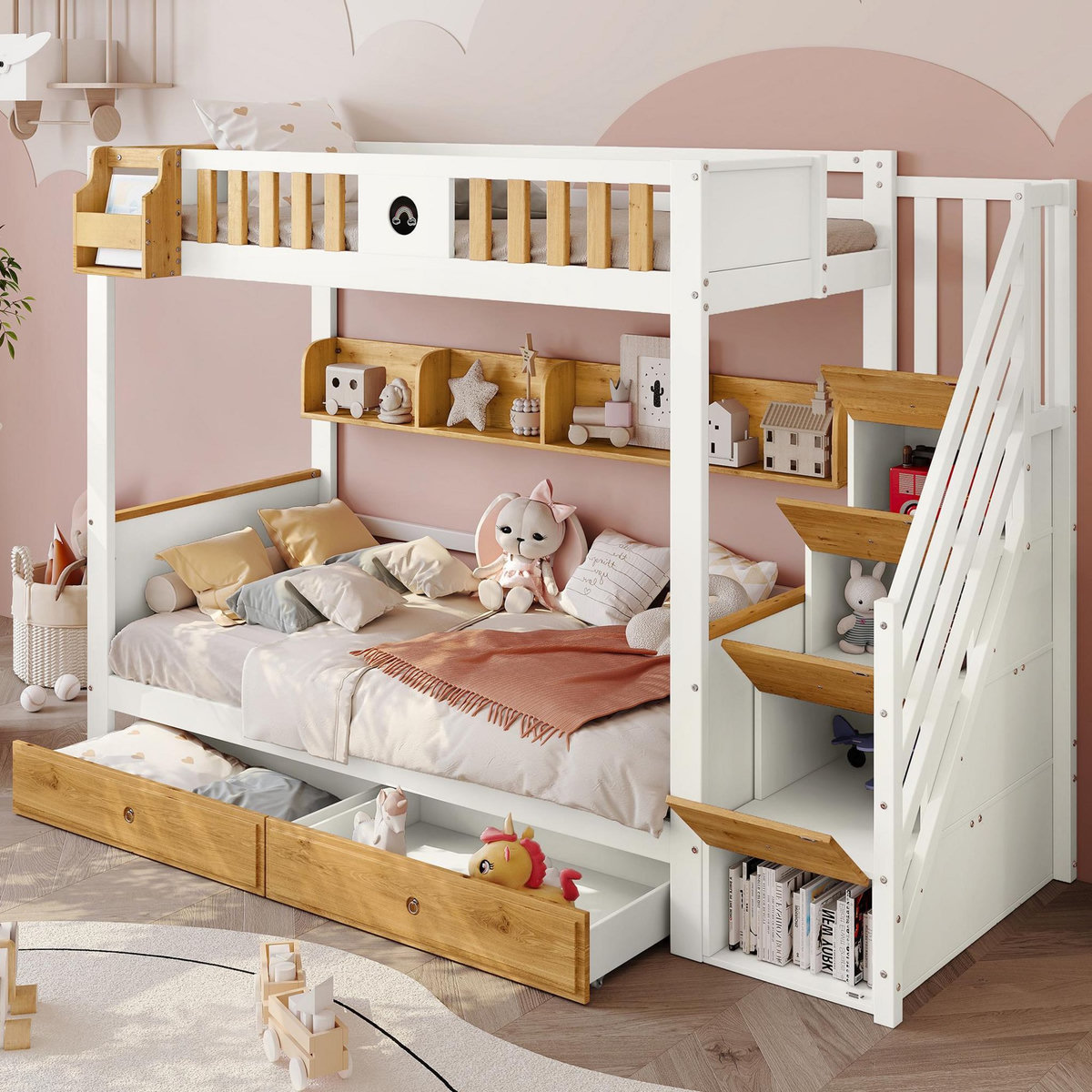 MERAX Lit superposé 90x200(120x200)cm bois et mdf coloris blanc+naturel