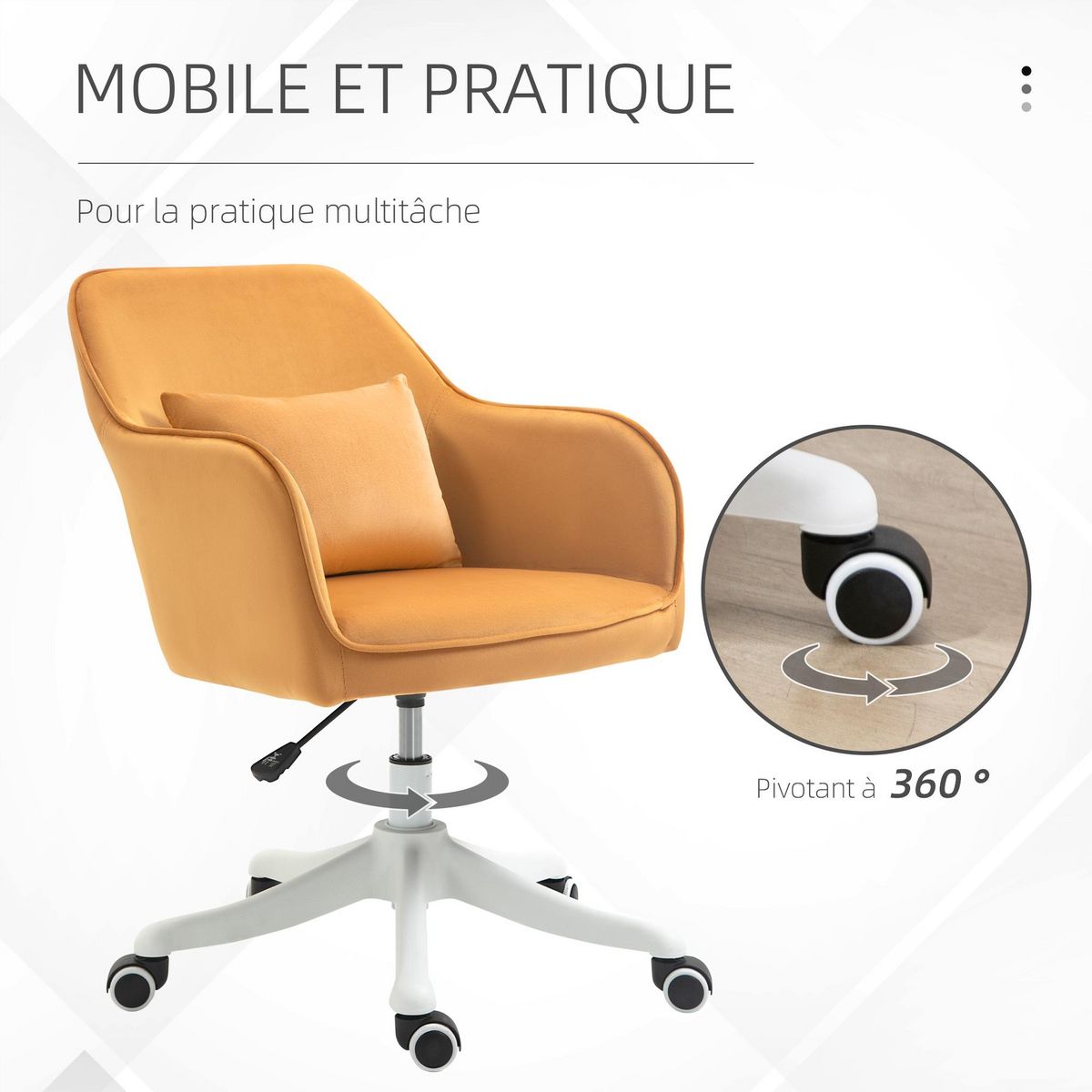 HOMCOM Chaise de bureau velours fauteuil bureau massant coussin lombaire intégré hauteur réglable pivotante 360° jaune