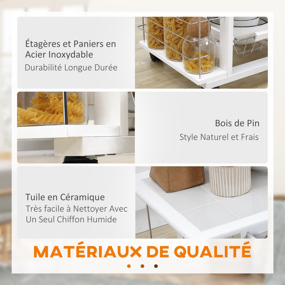 HOMCOM Chariot de service desserte de cuisine à roulettes multi-rangements 4 paniers métal tiroir + 4 range-bouteilles bois pin plateau carrelé