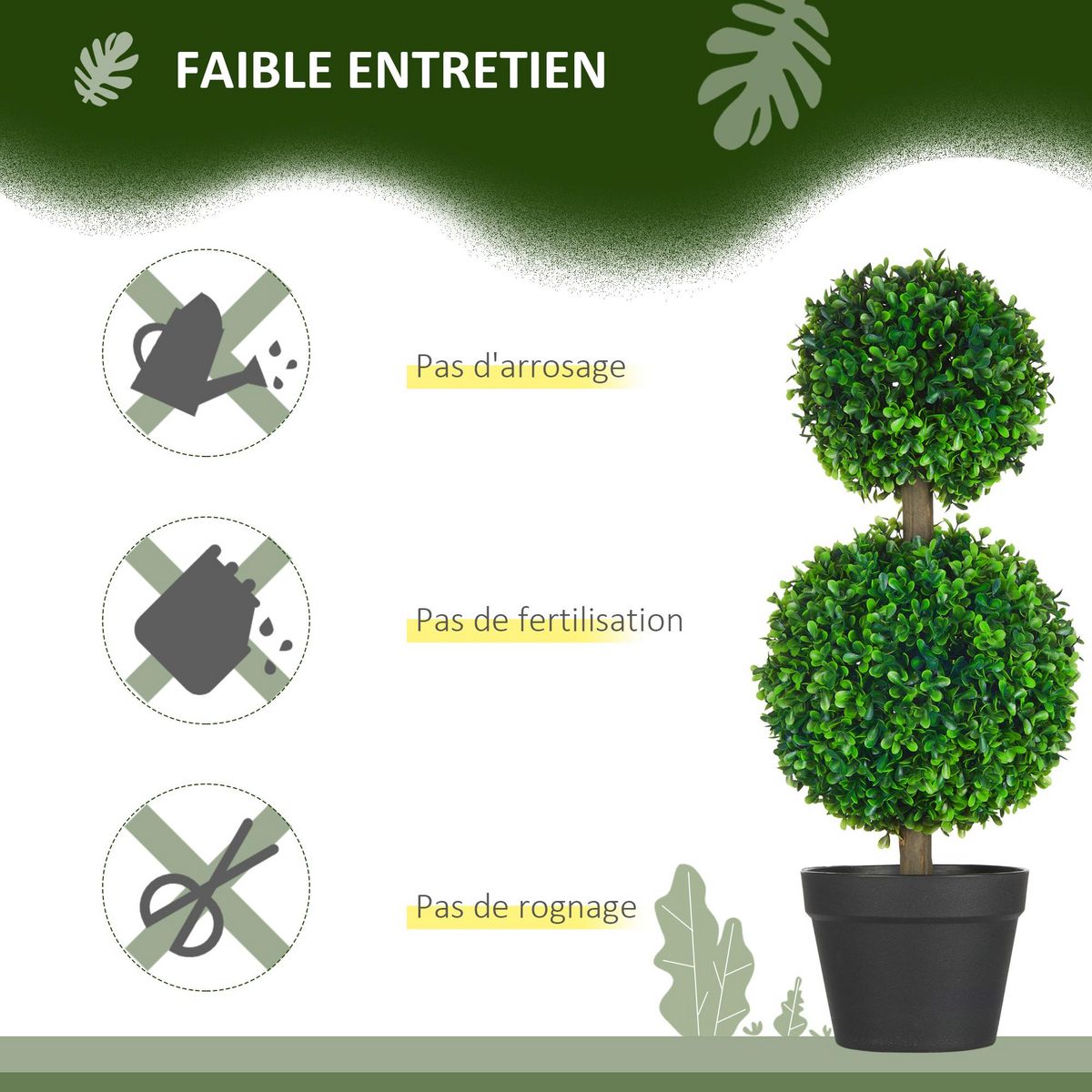 HOMCOM Lot de 2 arbres buis artificiel double boules avec tronc et pot inclus - H.60 cm PE vert