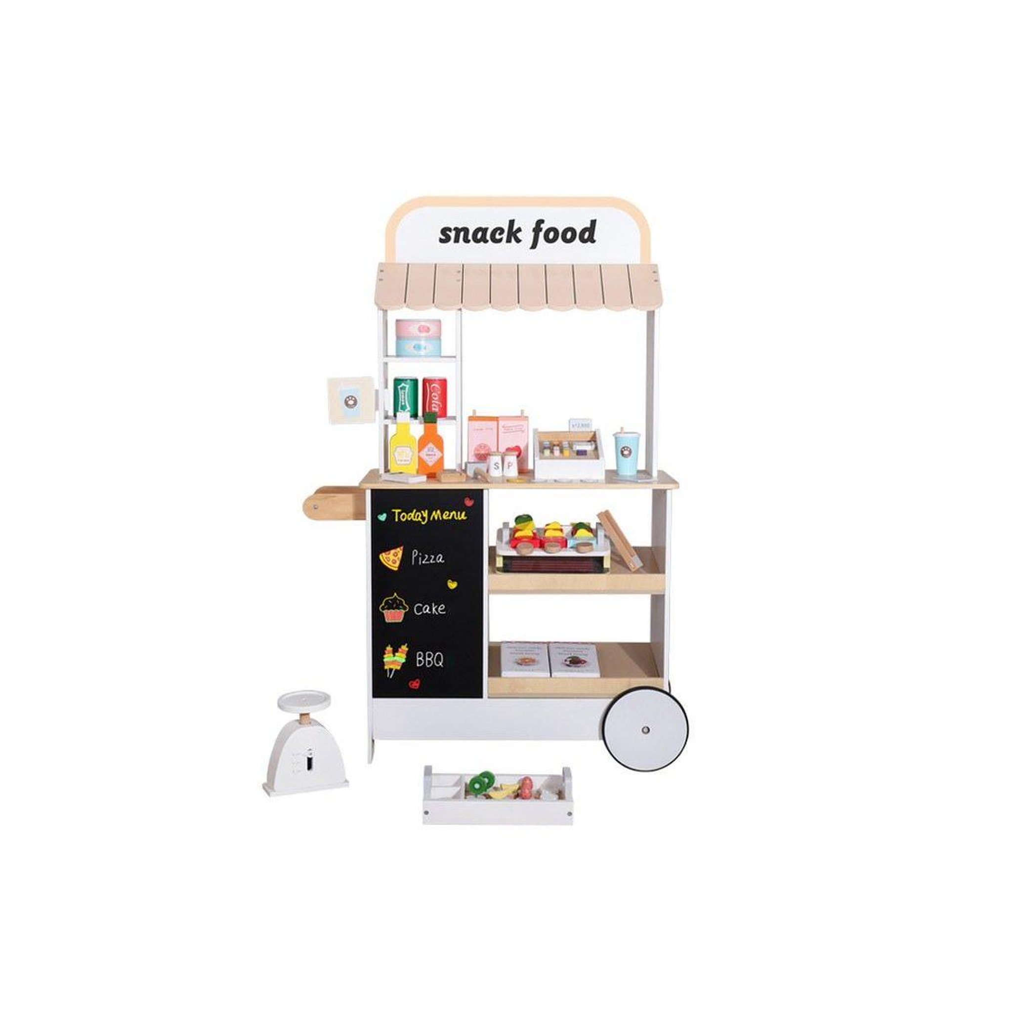 1001JOUETS Stand de Snacking en Bois - Avec Accessoires et Tableau Noir - 110 cm
