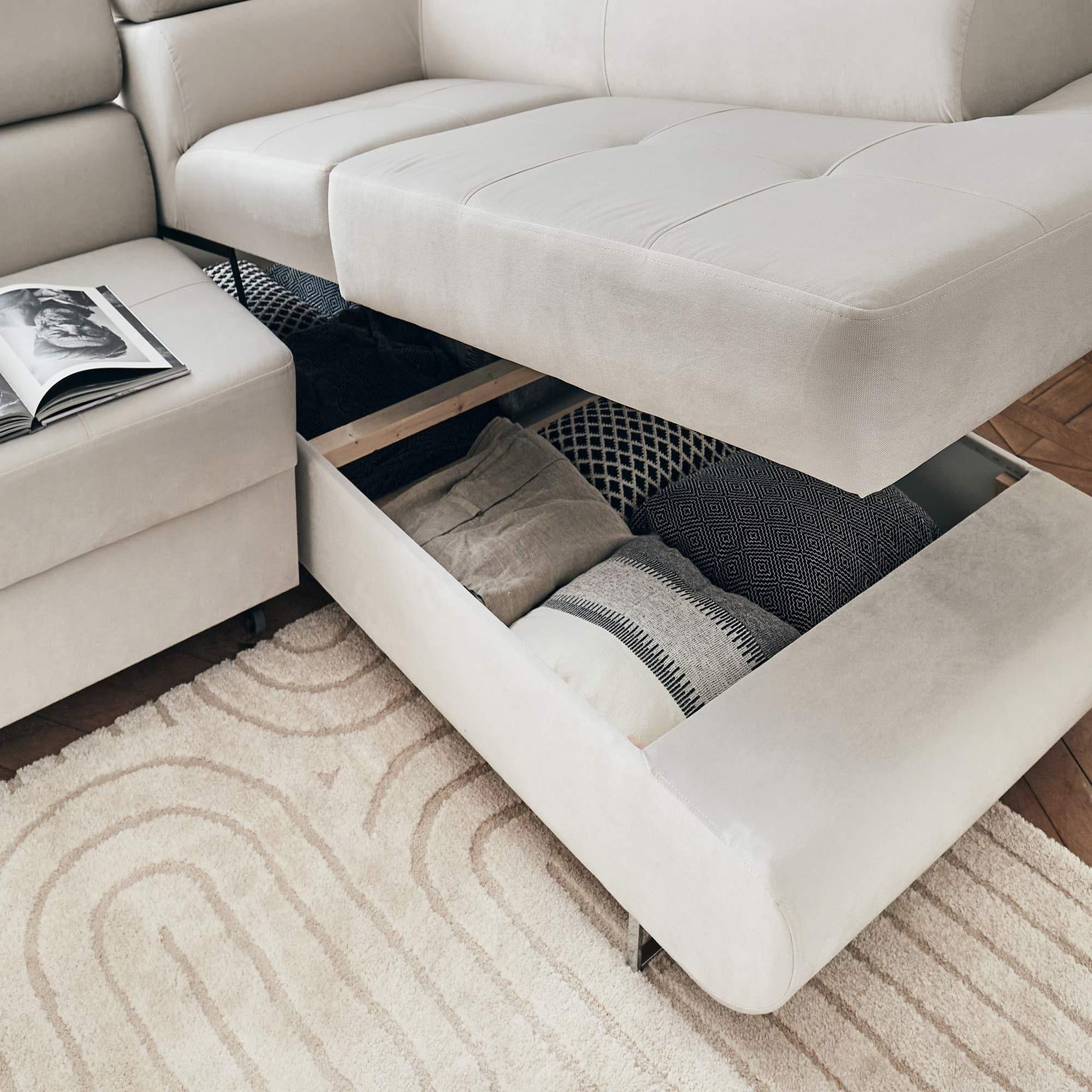 Voir la diapositive 3 : BEST MOBILIER Pablo - canapé d'angle droit - 5 places - convertible avec coffre et têtières réglables - en velours