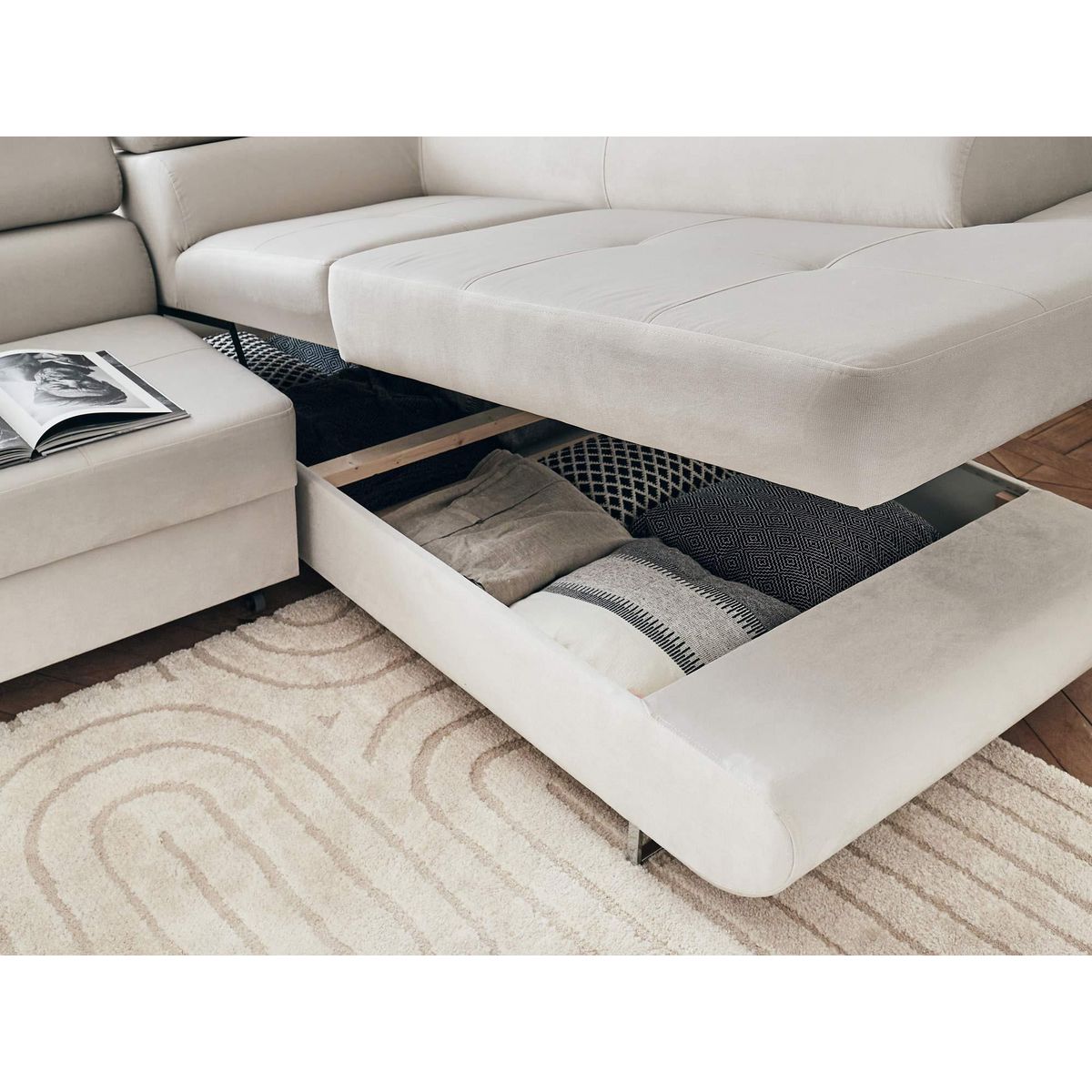 BEST MOBILIER Pablo - canapé d'angle droit - 5 places - convertible avec coffre et têtières réglables - en velours