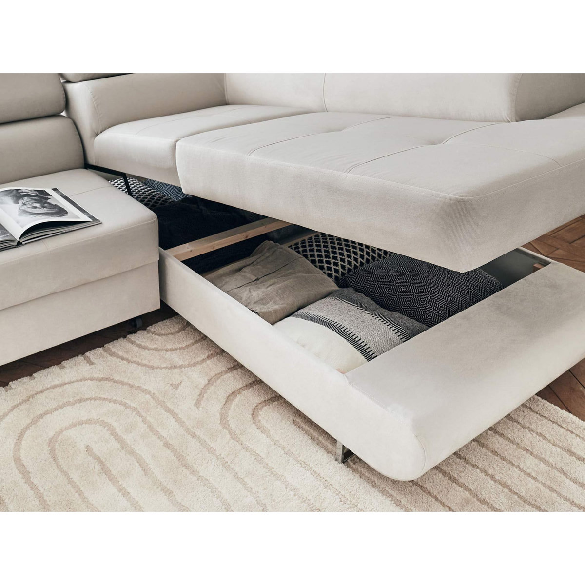 BEST MOBILIER Pablo - canapé d'angle droit - 5 places - convertible avec coffre et têtières réglables - en velours