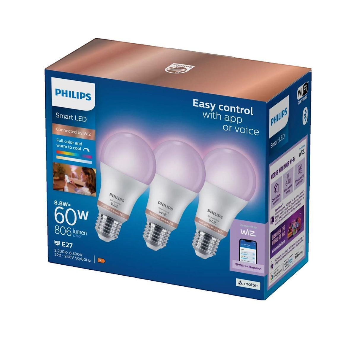 Philips Ampoules connectées Philips WiZ - Pack de 3 ampoules LED intelligentes blanc