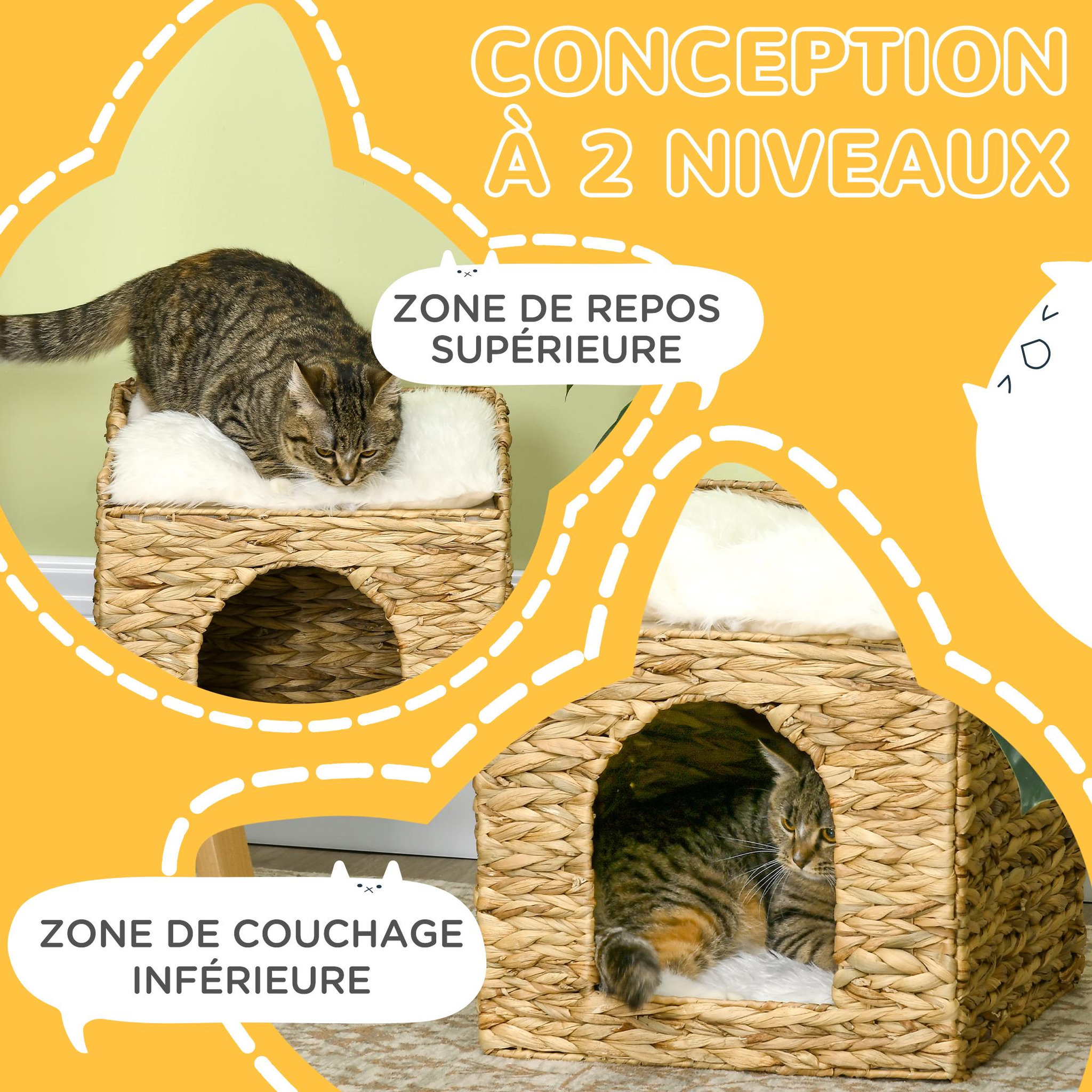 Voir la diapositive 5 : PAWHUT Panier chat lit chat cosy grand confort dim. Ø 37 x 41h cm coussins doux inclus jacinthe d'eau