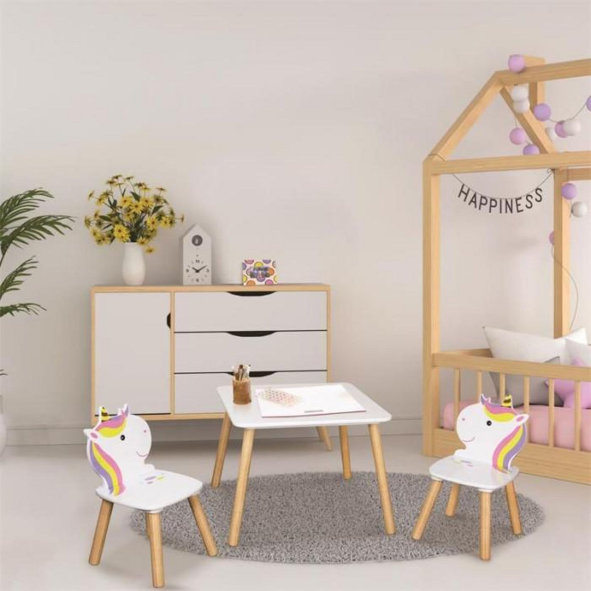 Paris Prix Table & 2 Chaises Enfant  Licorne Lily  55cm Blanc