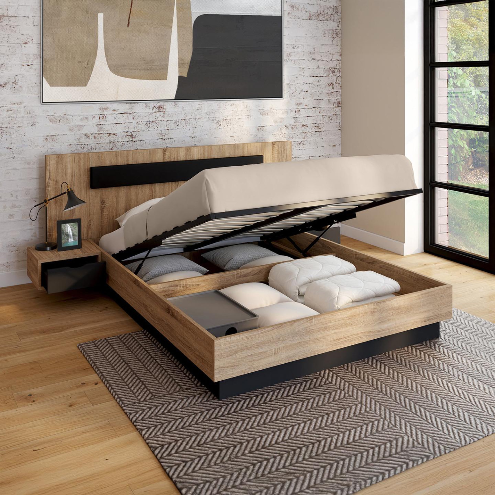 Voir la diapositive 2 : ID MARKET Lit coffre double santa avec tête de lit + tables de chevets intégrées et sommier 140 x 190 cm bois et noir