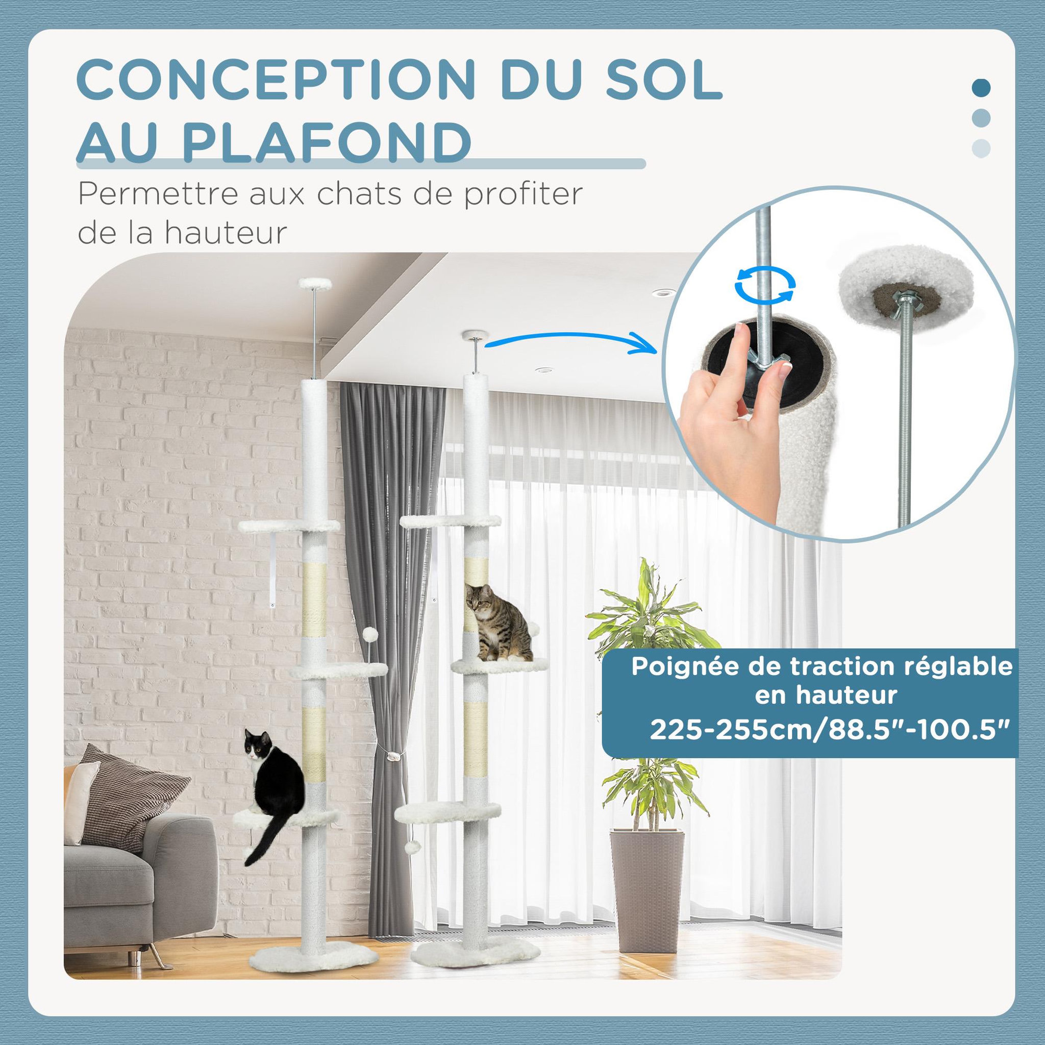 Voir la diapositive 4 : PAWHUT Arbre à chat réglable en hauteur 225-255 cm - tour pour chat 3 griffoirs nuages, 2 balles - blanc
