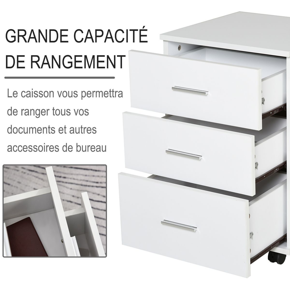 HOMCOM HOMCOM Caisson de Bureau Rangement Bureau sur Roulettes 3 Tiroirs Verrouillables 40 x 41,5 x 61,5 cm Blanc