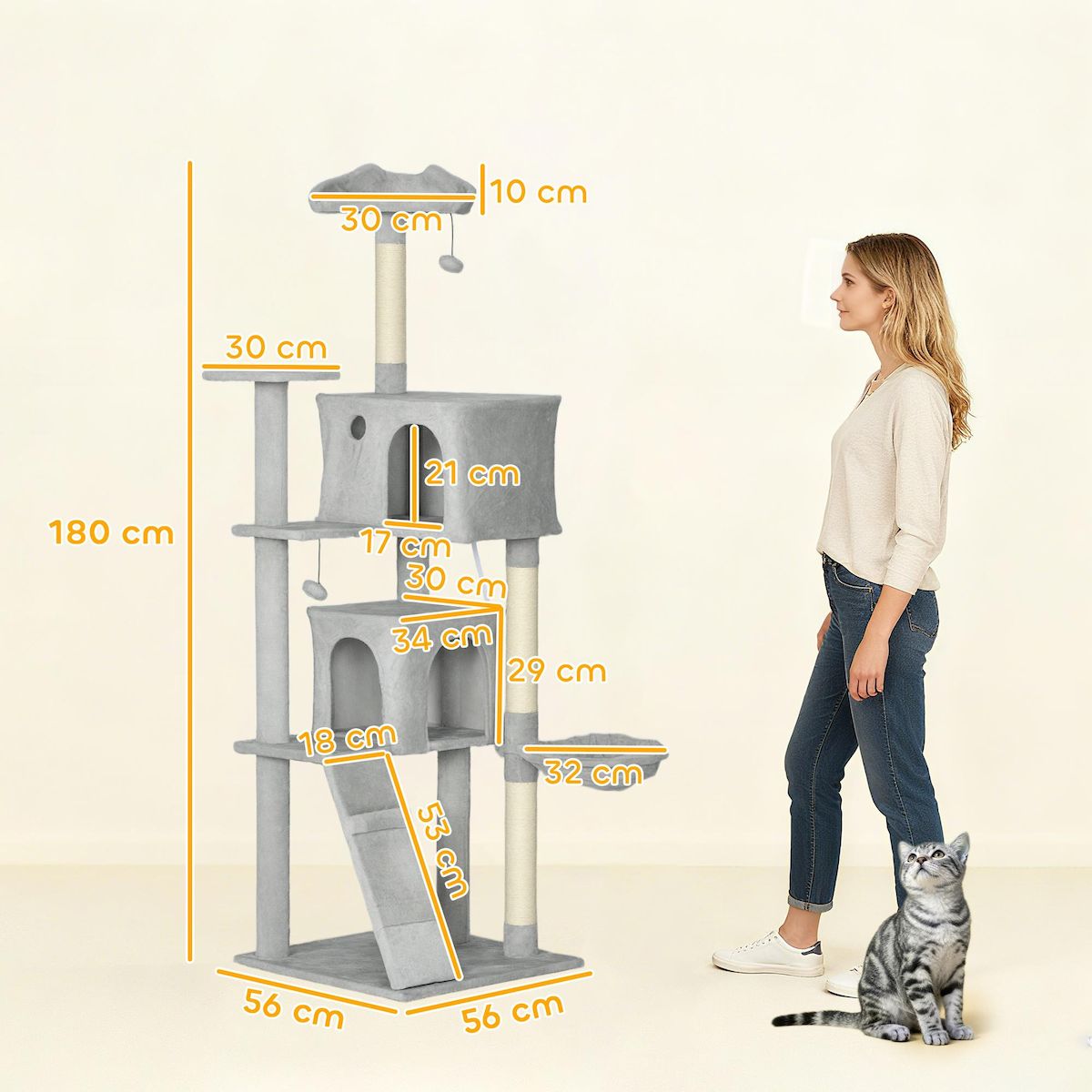 PAWHUT Arbre à chat grande taille H.180cm - niches, hamac, griffoirs, plateformes - gris clair