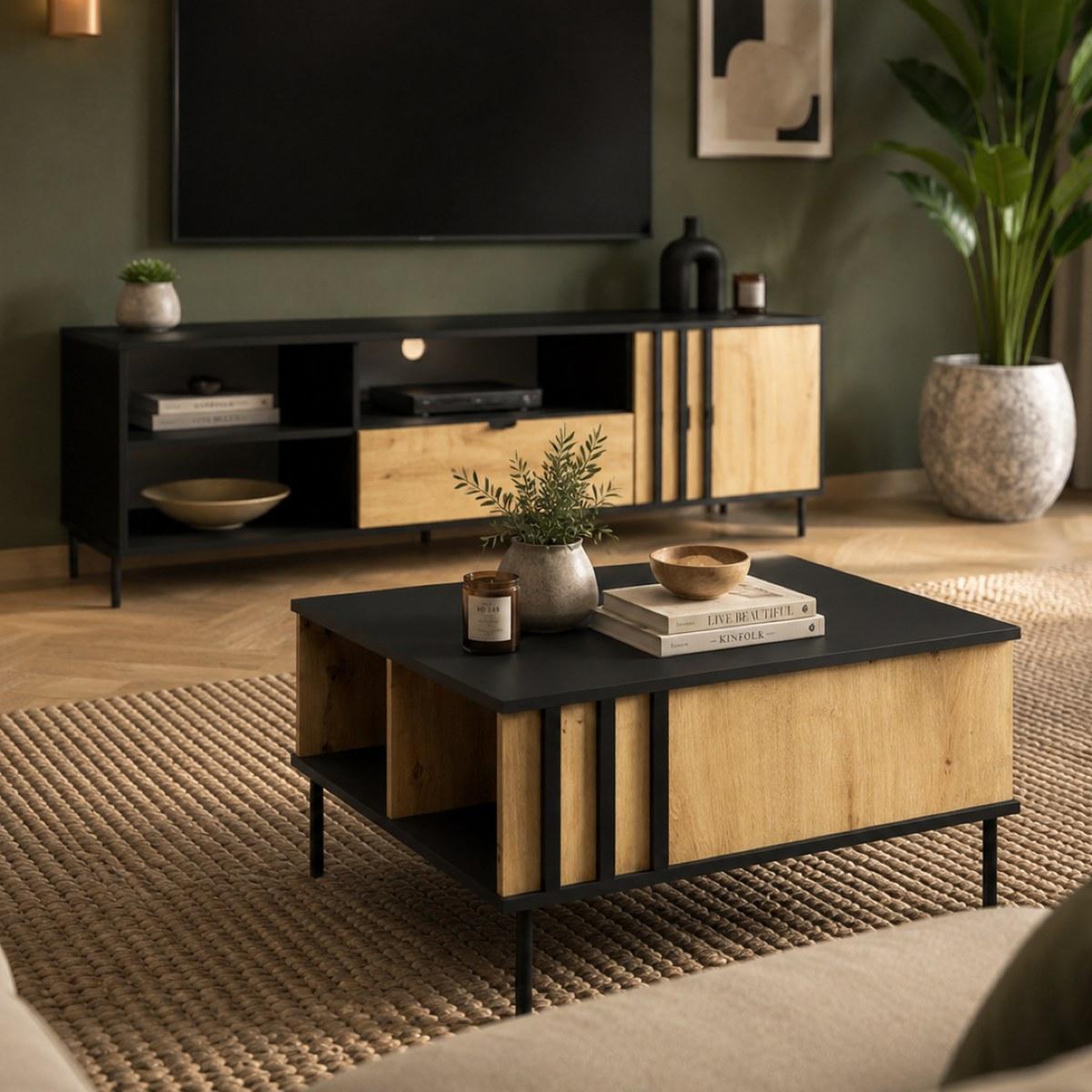 Voir la diapositive 2 : JLC KREATION Table basse moderne noir et bois irina