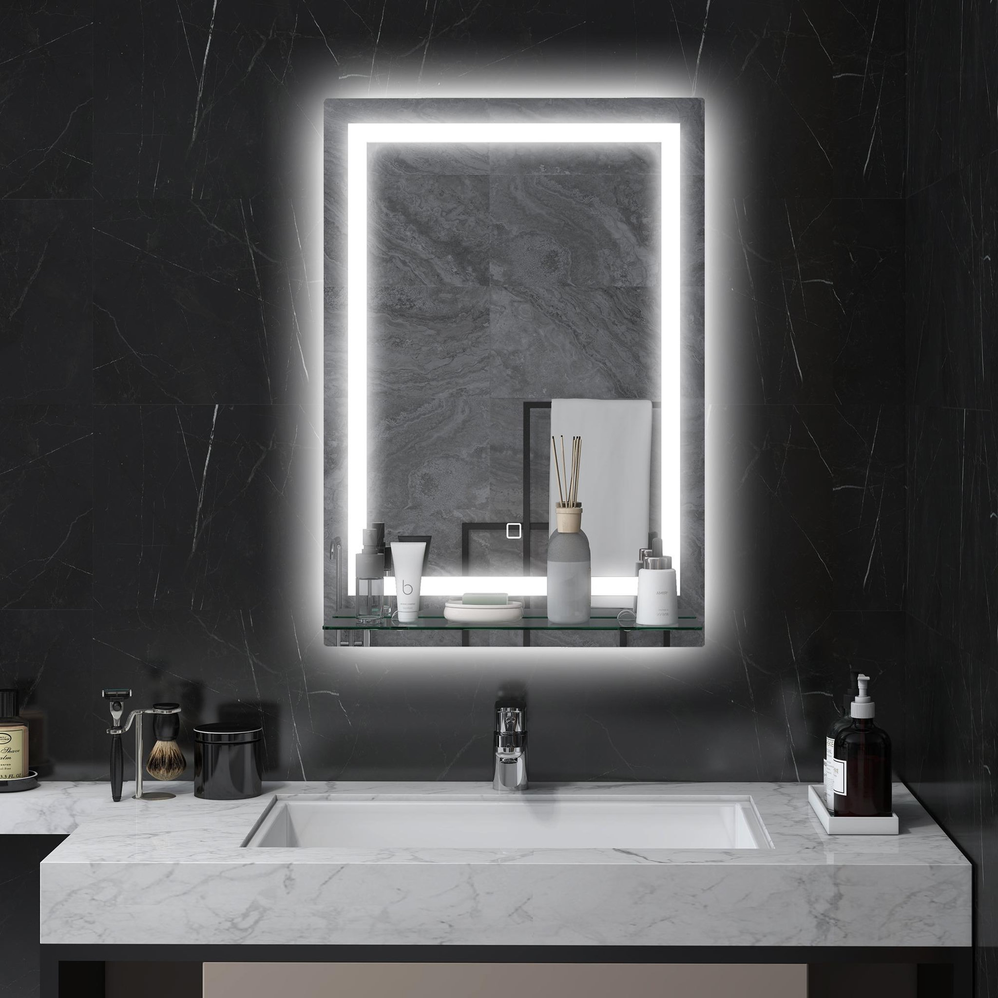 Voir la diapositive 2 : KLEANKIN Miroir lumineux led 20 w interrupteur tactile étagère intégrée 50l x 12l x 70h cm