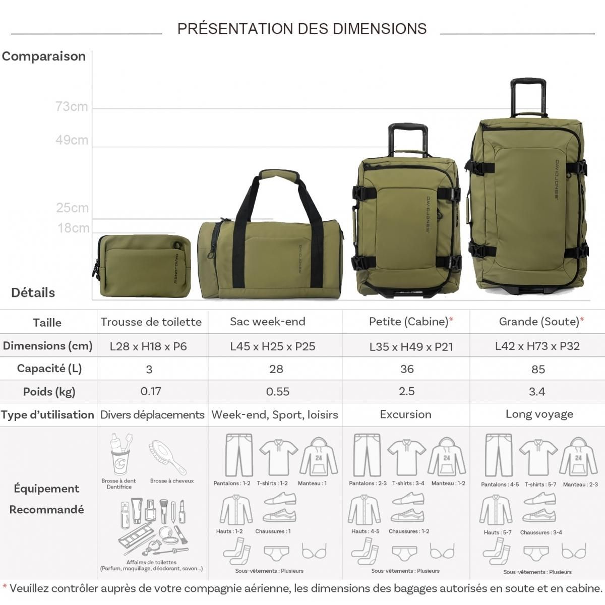 David Jones Lot 3 sacs de voyage plus une trousse de toilette