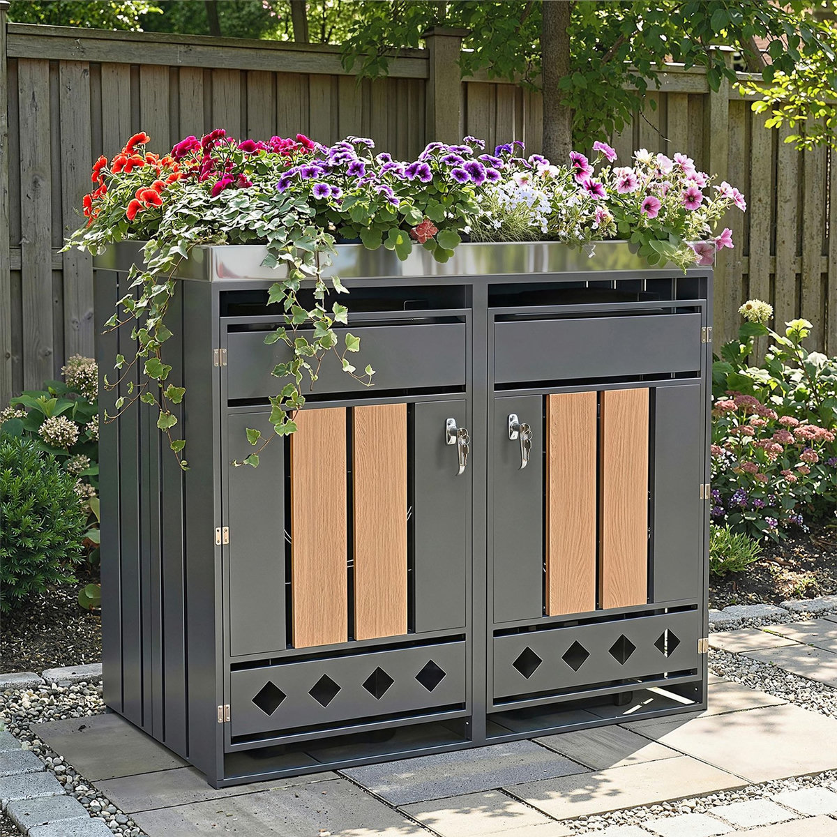 MERAX Cache Poubelle Extérieur avec Bac à Plantes,