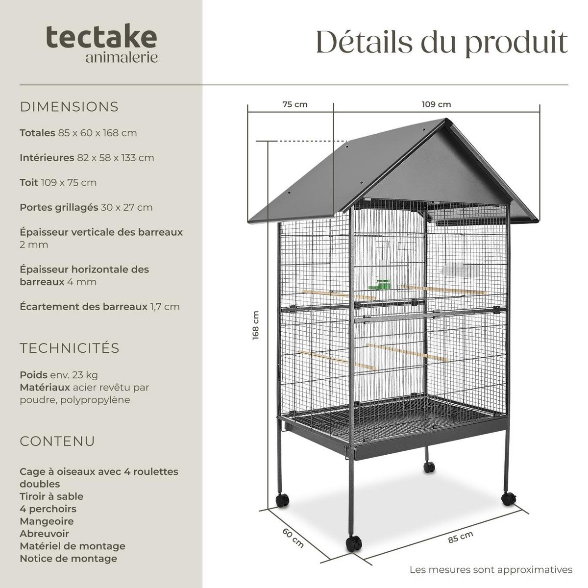 tectake Cage à oiseaux en finition martelée gris anthracite