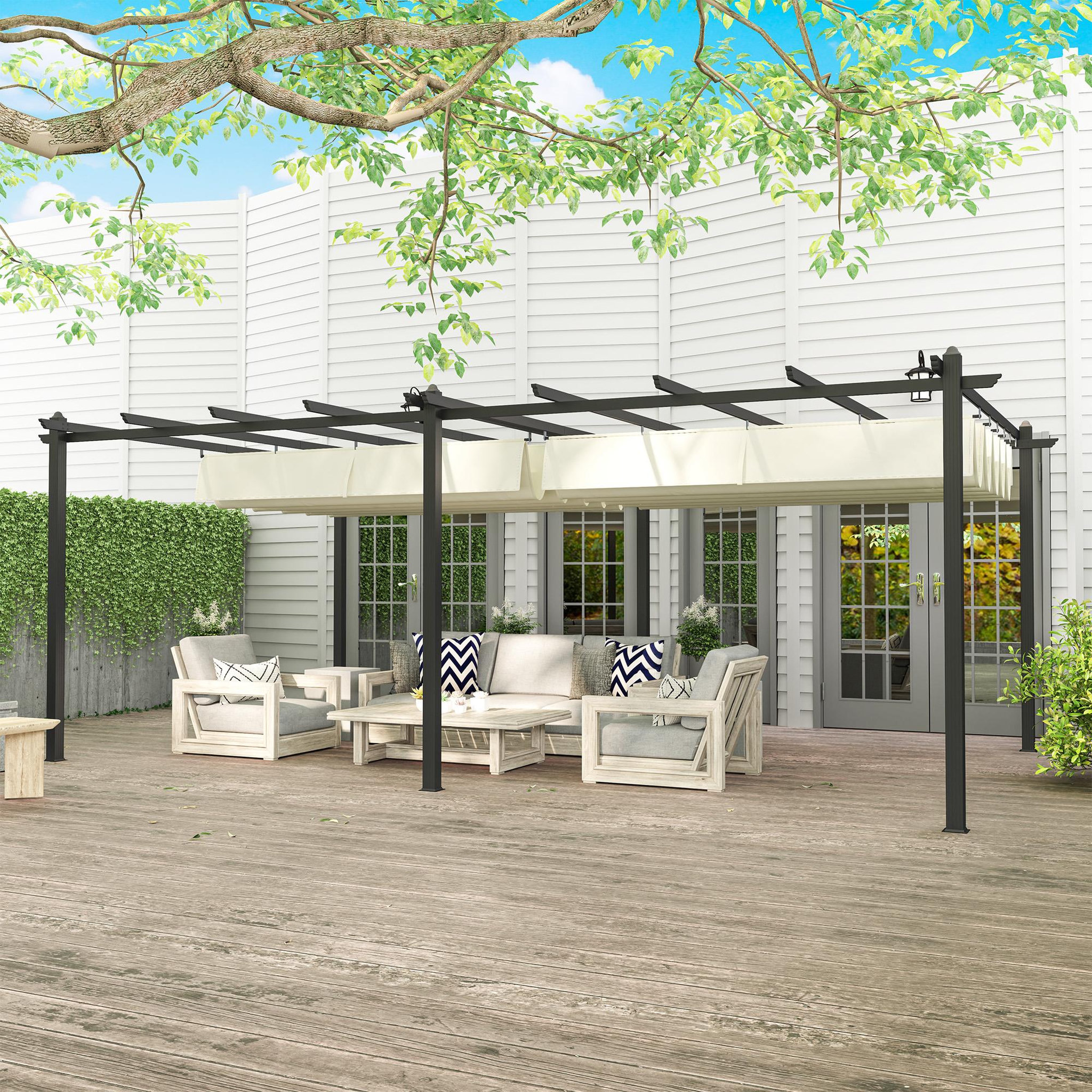 Voir la diapositive 4 : OUTSUNNY Pergola rétractable dim. 5,97L x 3,58l x 2,23H m structure robuste alu toile polyester haute densité 180 g/m² incluse beige clair