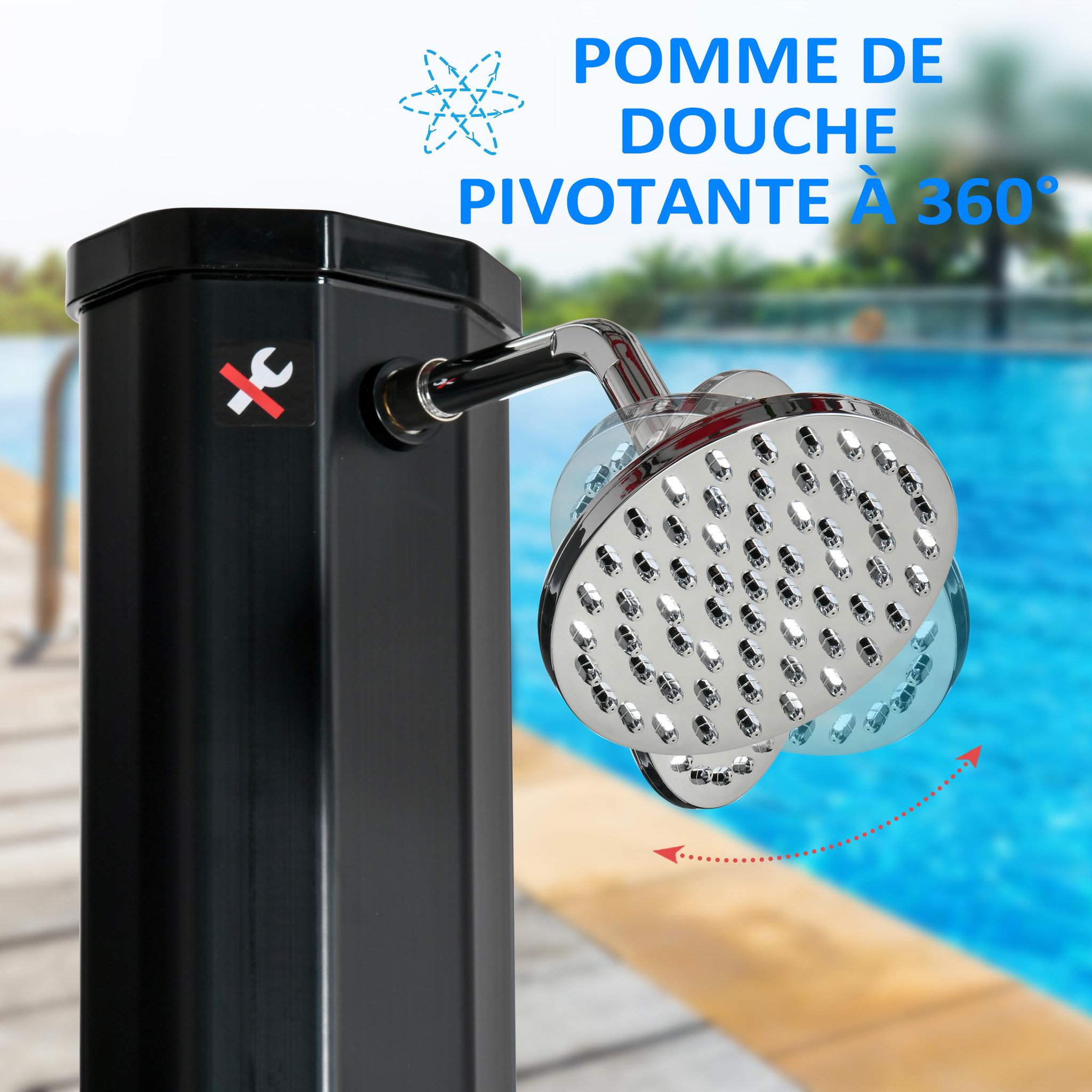 Voir la diapositive 6 : OUTSUNNY Douche solaire d'extérieur réservoir 35L pression max. 3,5 bar - mitigeur, grand pommeau orientable, robinet à pieds - PVC ABS noir