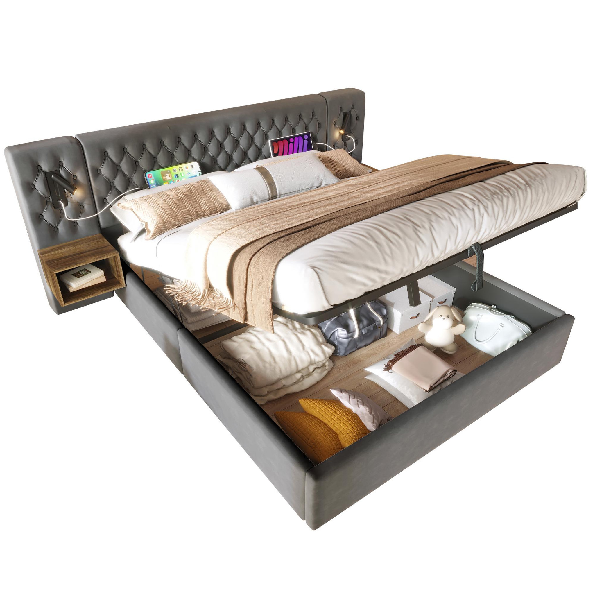Voir la diapositive 1 : MERAX Lit coffre velours avec 2 chevets, liseuses led usb et tête de lit