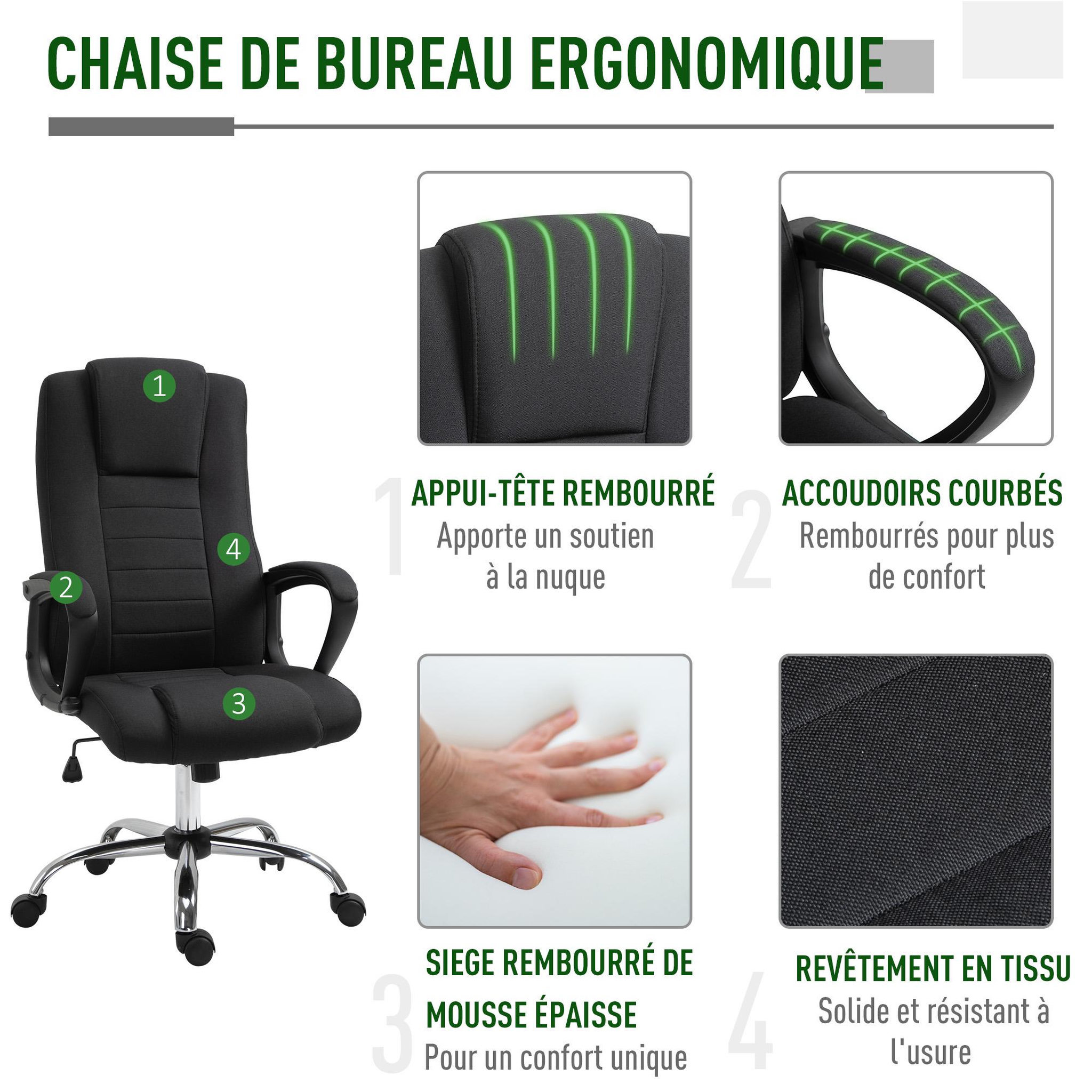 Voir la diapositive 4 : HOMCOM HOMCOM Fauteuil de bureau à roulettes chaise manager ergonomique pivotante hauteur réglable lin noir