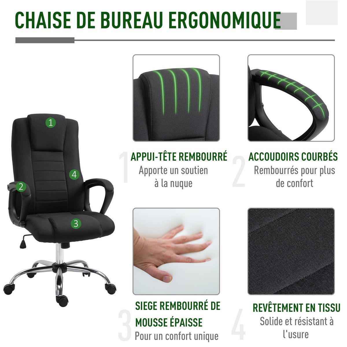 HOMCOM HOMCOM Fauteuil de bureau à roulettes chaise manager ergonomique pivotante hauteur réglable lin noir