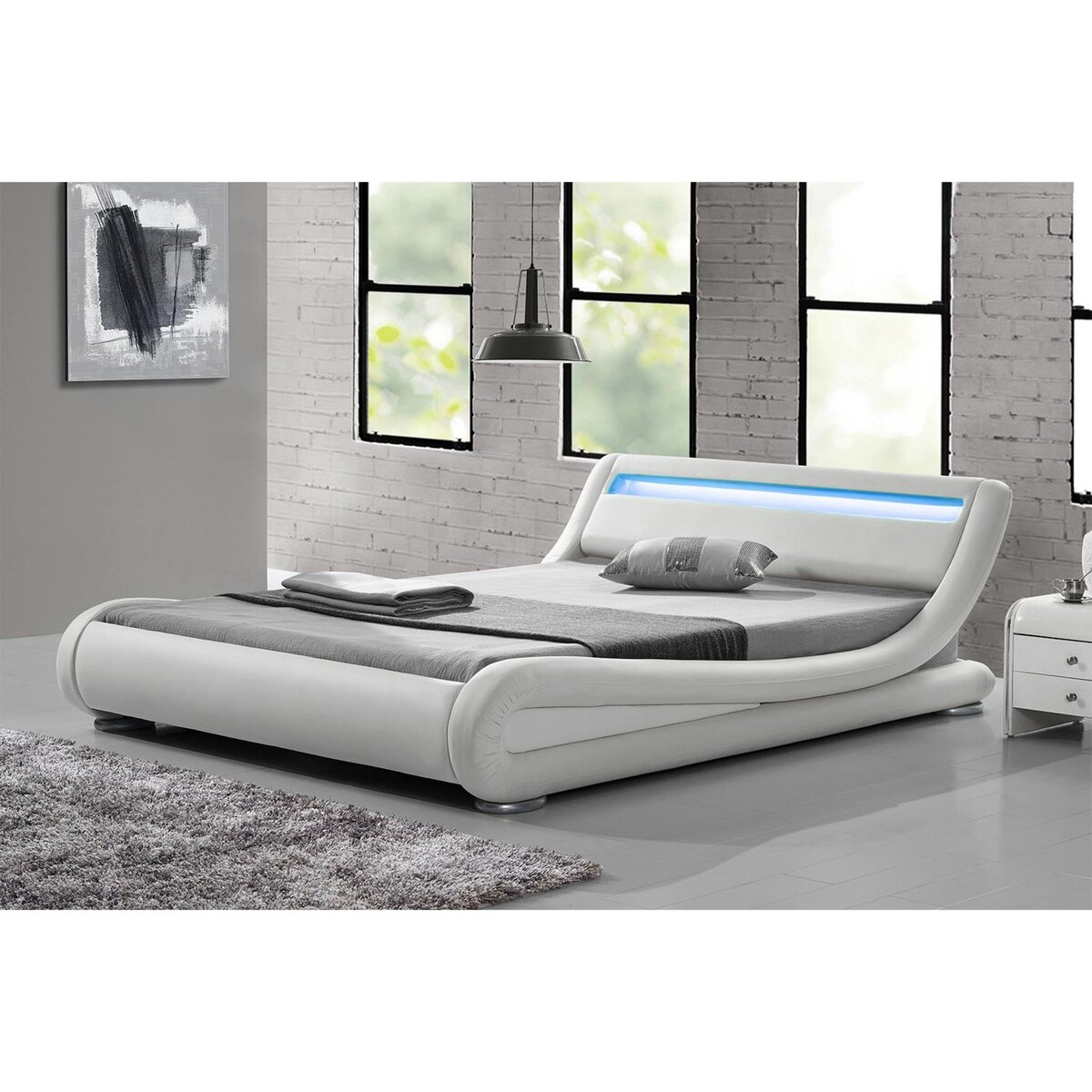 CONCEPT USINE Cadre de lit PU blanc avec LED intégrées 160x200 cm SEATTLE