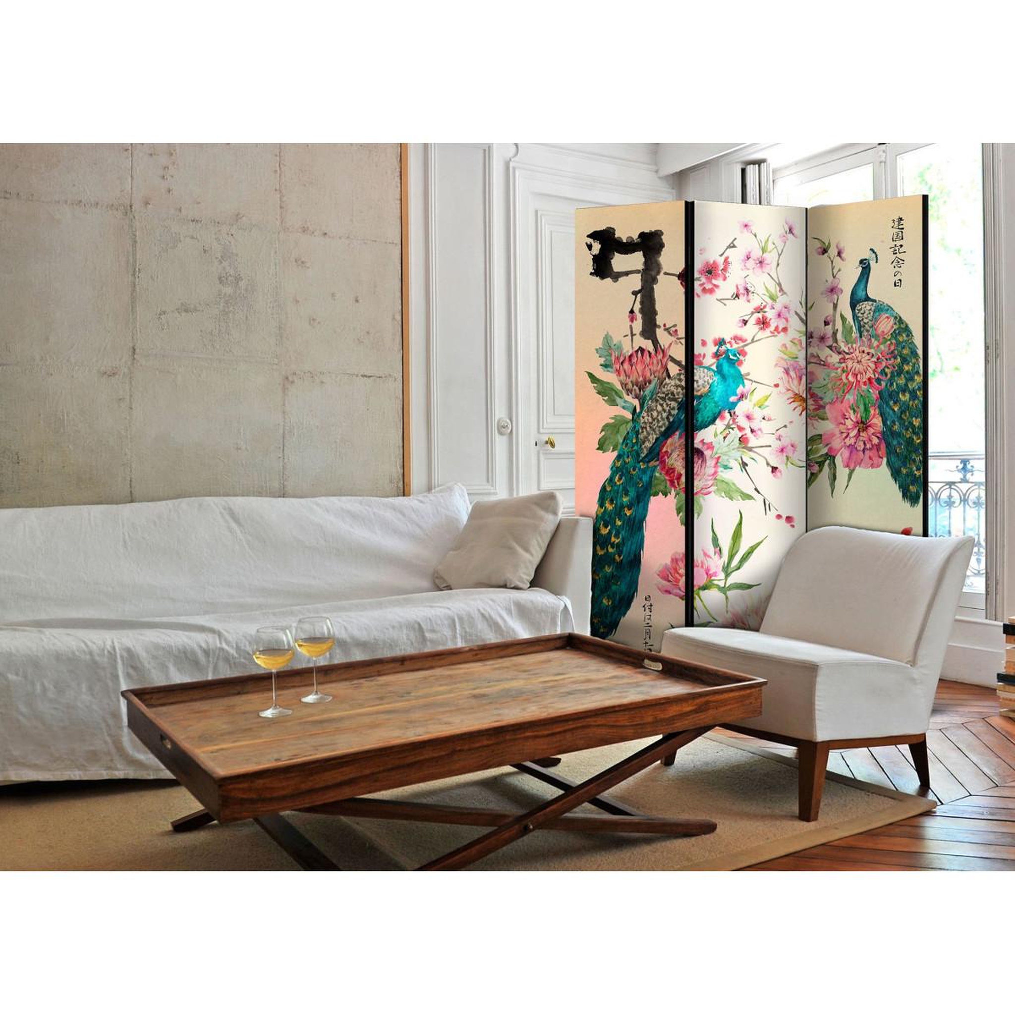 Voir la diapositive 2 : Paris Prix Paravent 3 volets  peacock love  135x172cm