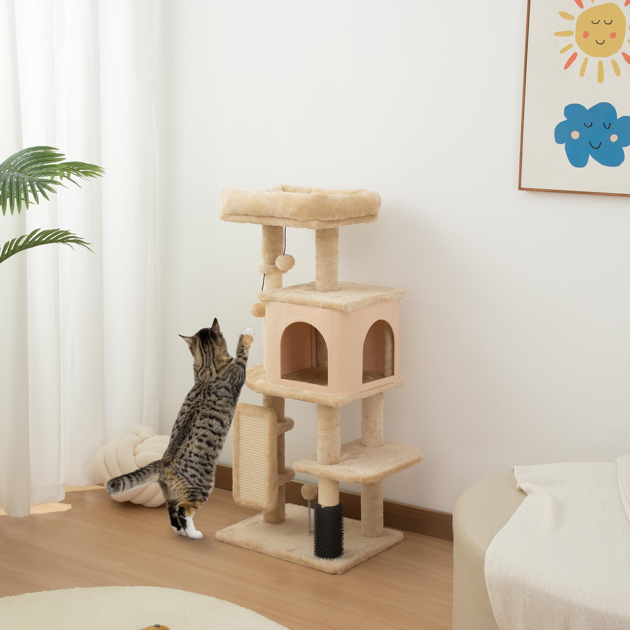 Voir la diapositive 2 : PAWHUT Arbre à chat h.104 cm - griffoir, grattoir, bande massante, jeux boules, niche, plateforme observation - beige