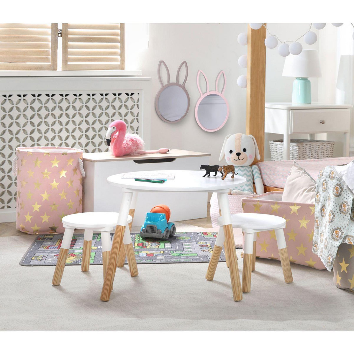 TOILINUX Table Dream et ses deux tabourets pour enfants - Blanc et Bois