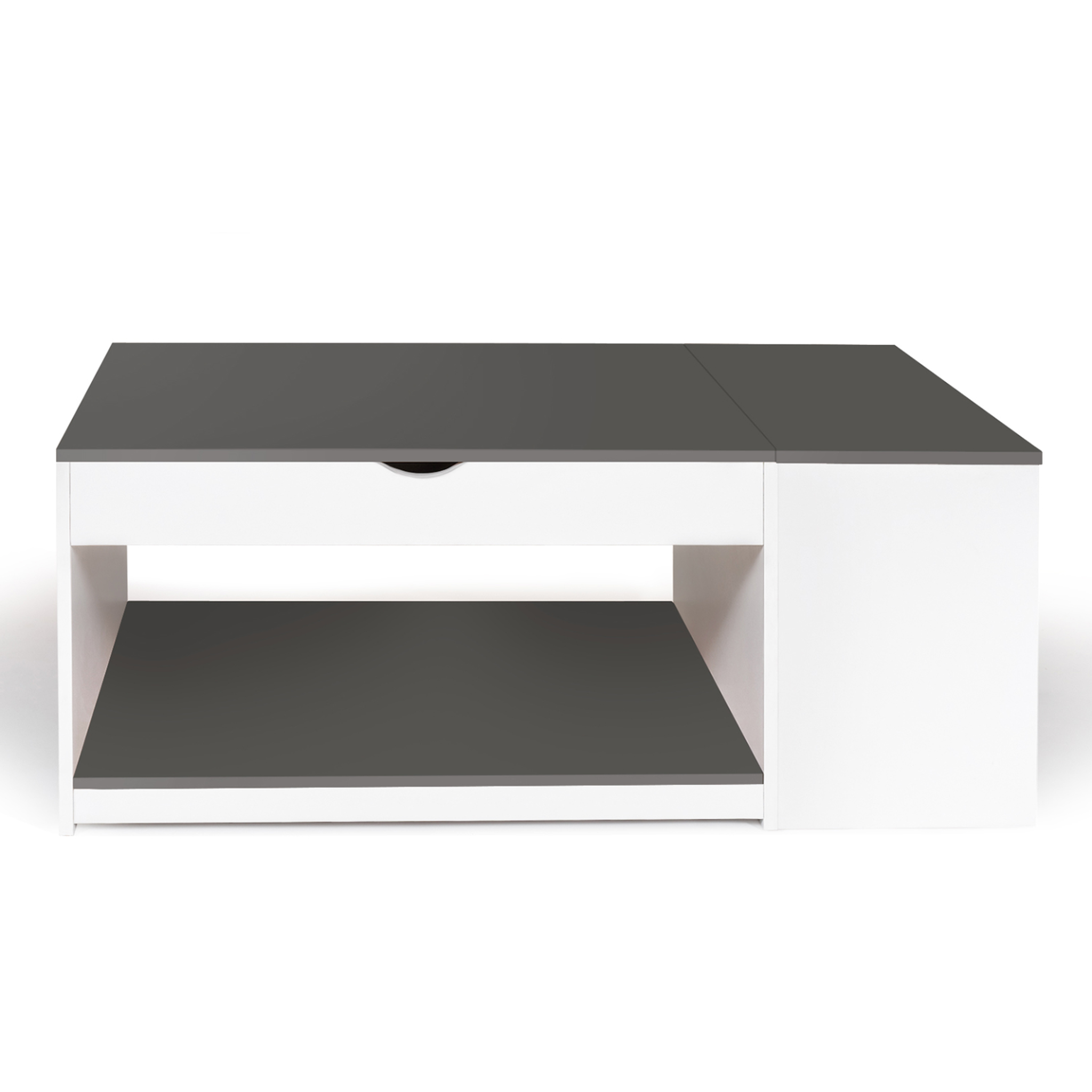 Voir la diapositive 3 : ID MARKET Table basse plateau relevable rectangulaire elea avec coffre bois blanc et gris