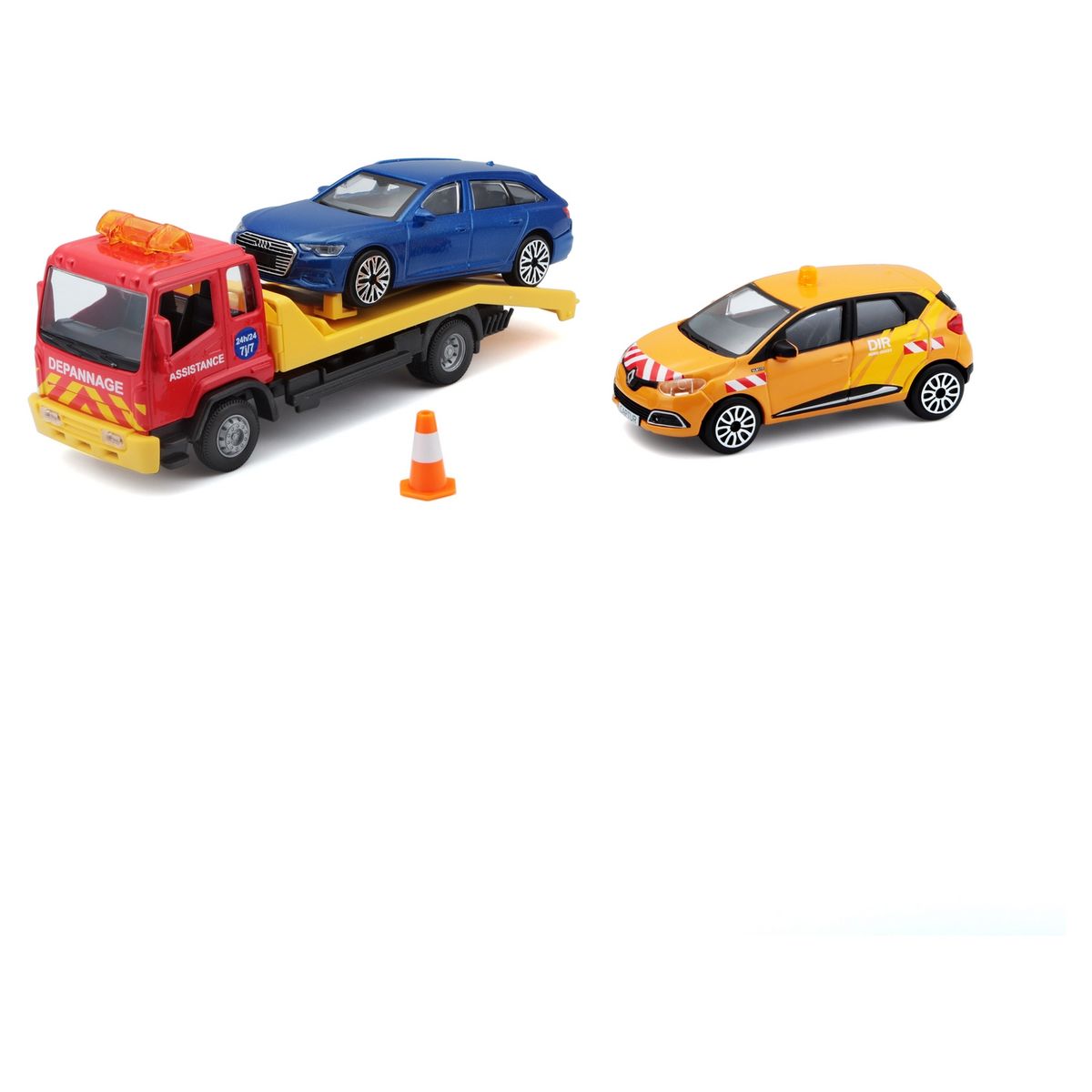 BURAGO Miniature camion dépanneuse avec véhicule et véhicule d'urgence 1/43e