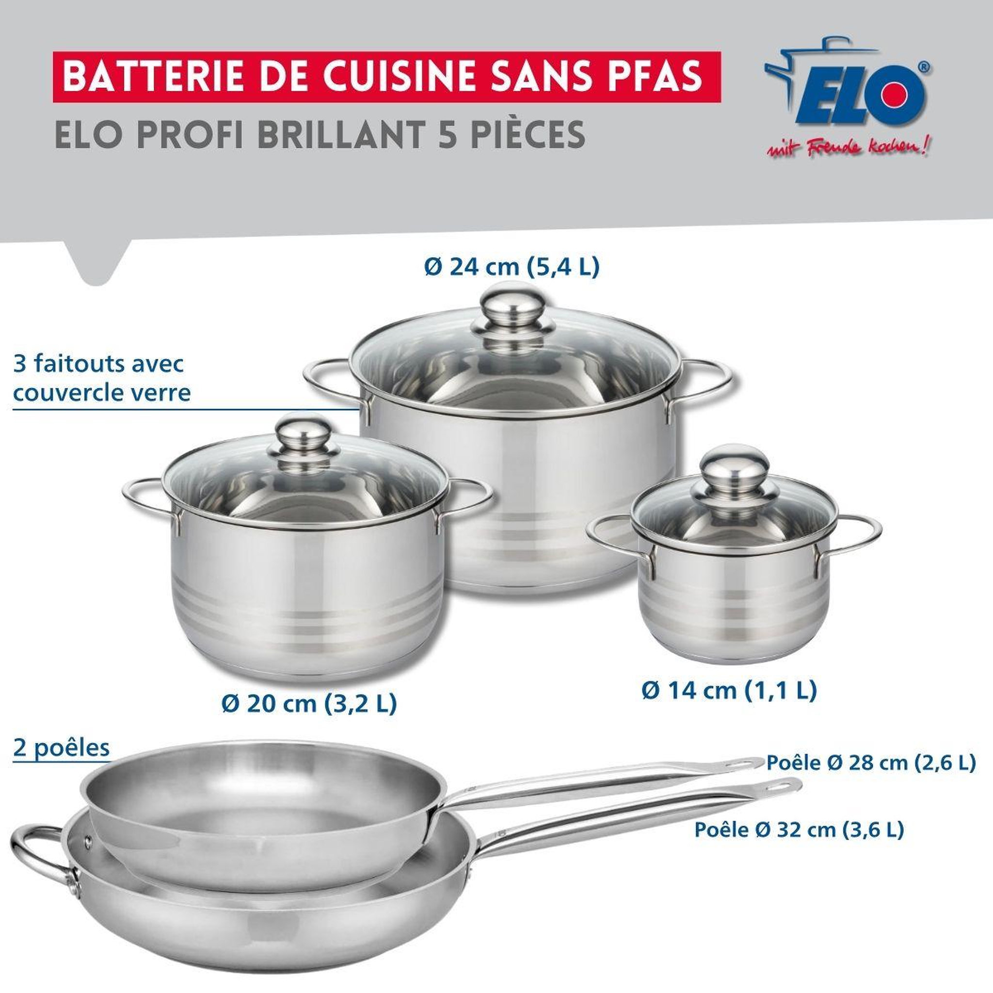 Voir la diapositive 2 : ELO Ensemble de 2 poêles de cuisson 28 et 32 cm et 3 faitouts 14, 20 et 24 cm elo profi brillant