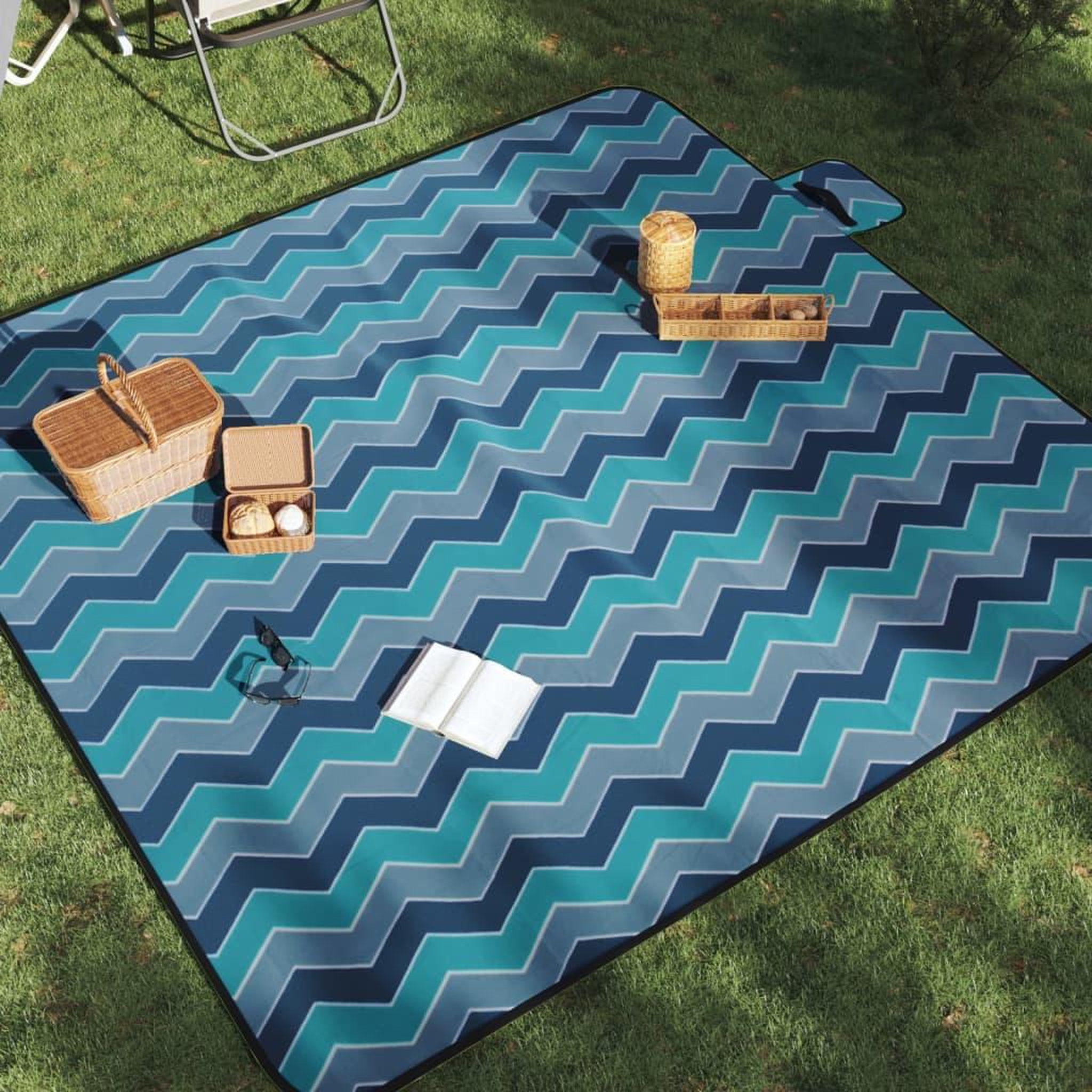 VIDAXL Couverture de pique-nique pliable vague bleue 200x200cm velours