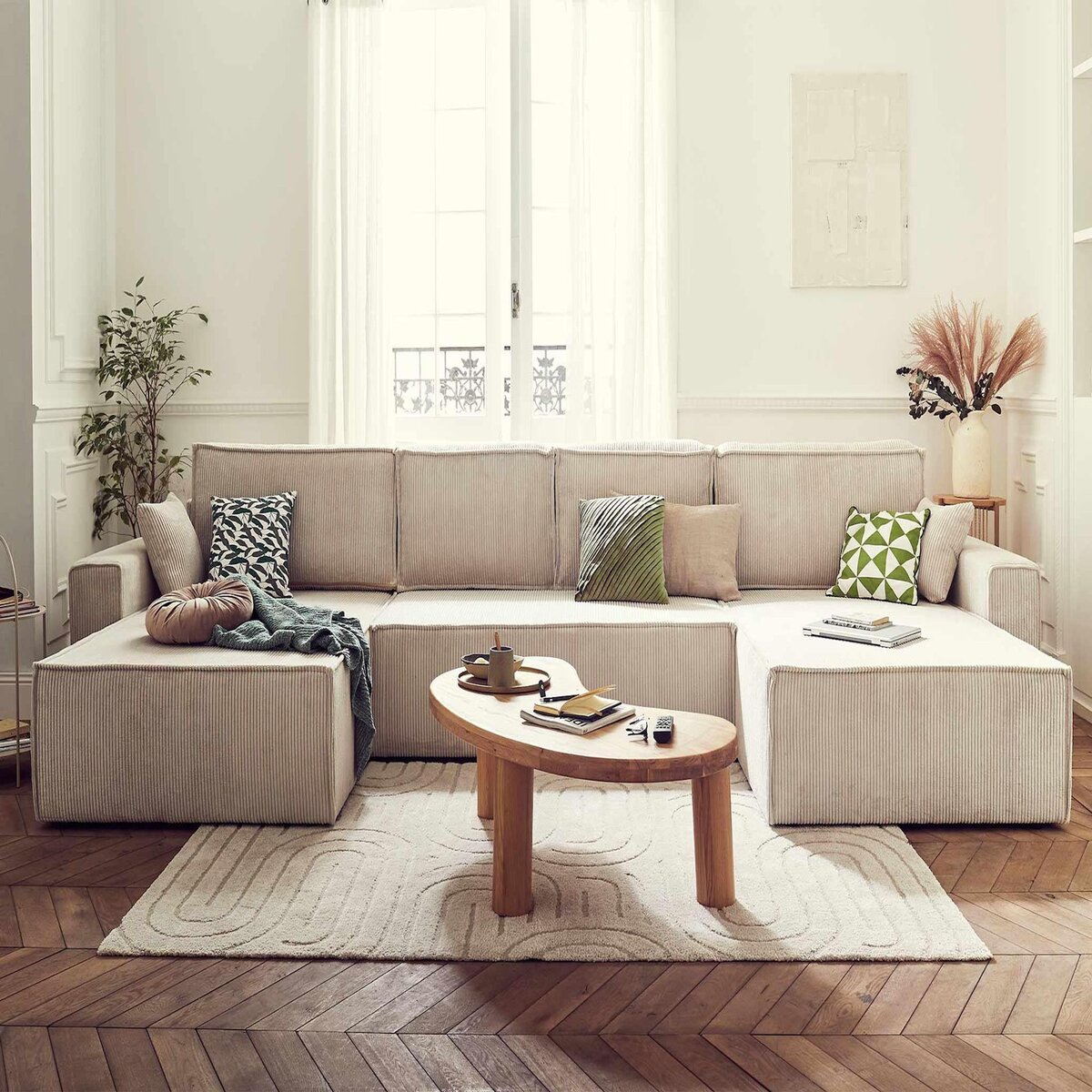 BEST MOBILIER Dellia - canapé panoramique en u - 7 places - convertible - avec coffre - en velours côtelé