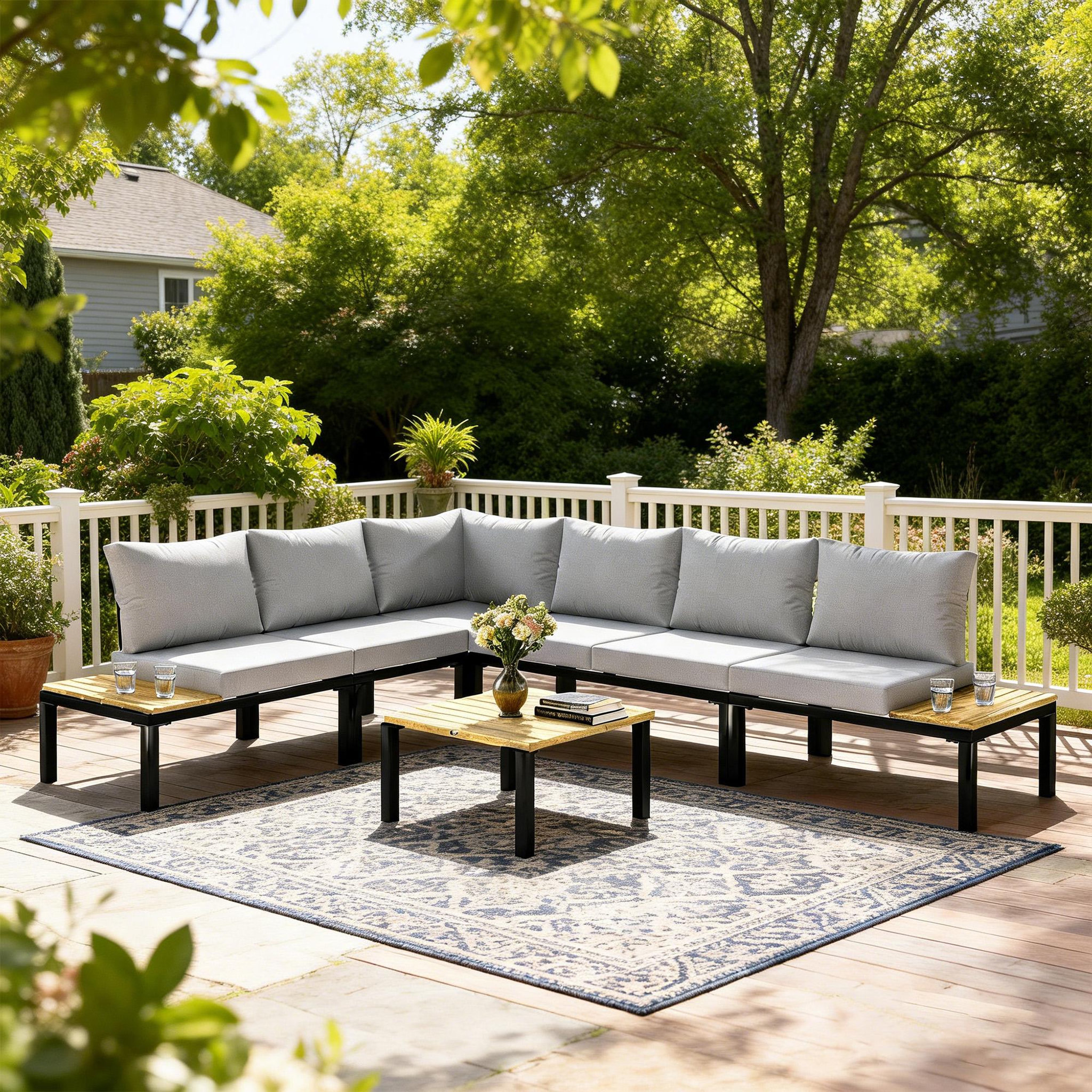 Voir la diapositive 6 : OUTSUNNY Salon de jardin d'angle 6 places design acier noir effet bois coussins gris clair