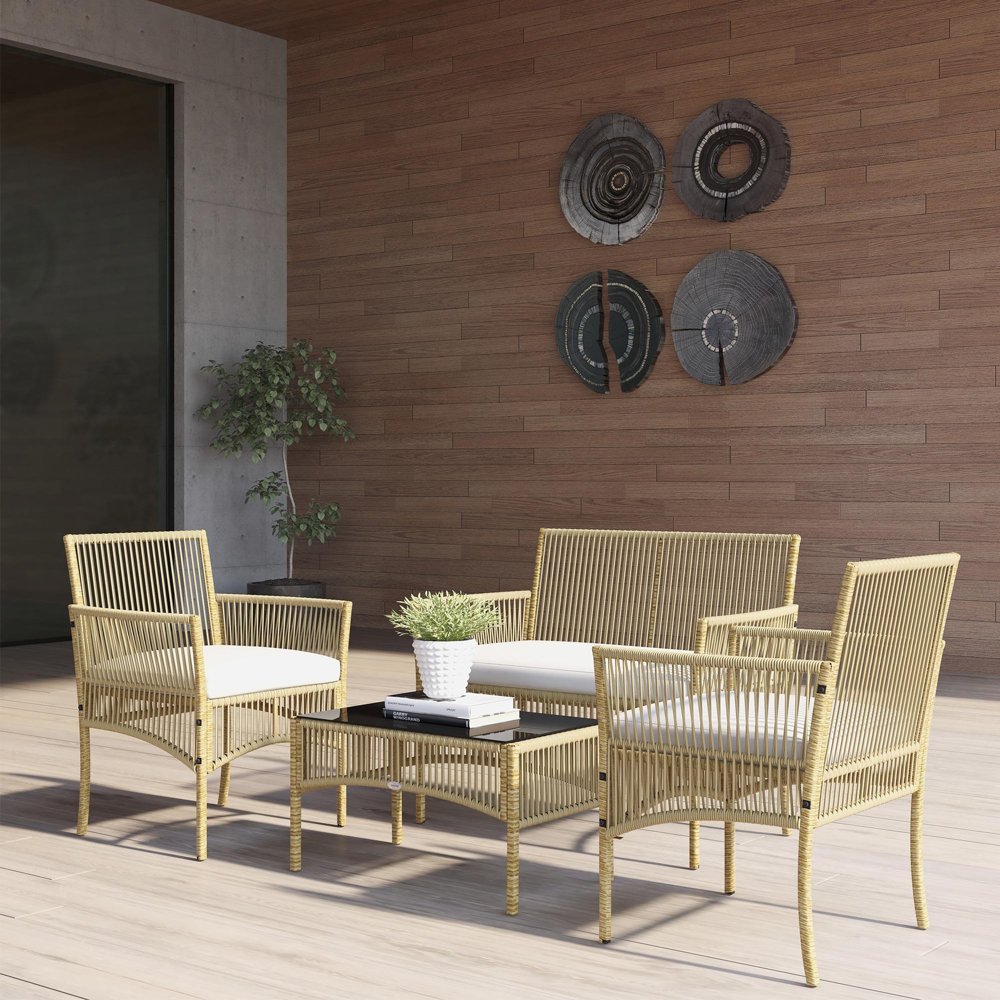 Voir la diapositive 2 : OUTSUNNY Salon de jardin 4 places 4 pièces style colonial table basse coussins inclus résine tressée filée aspect rotin beige
