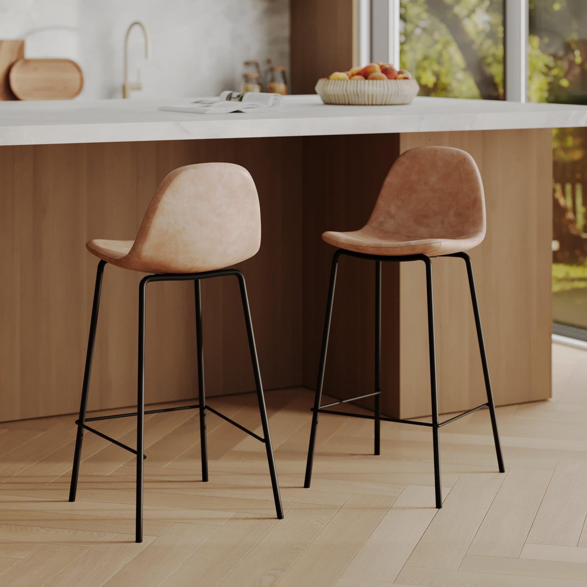 Rendez vous déco Lot de 2 chaises pour îlot central 65 cm en cuir synthétique marron - Henrik