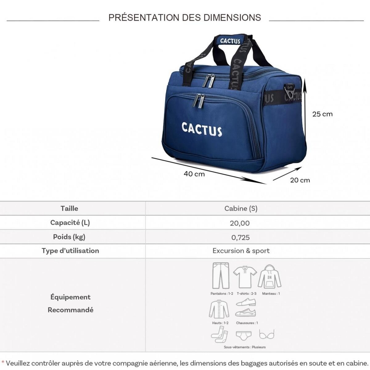 Cactus Sac de voyage 20L week-end et sport format Ryan Air sans roulettes