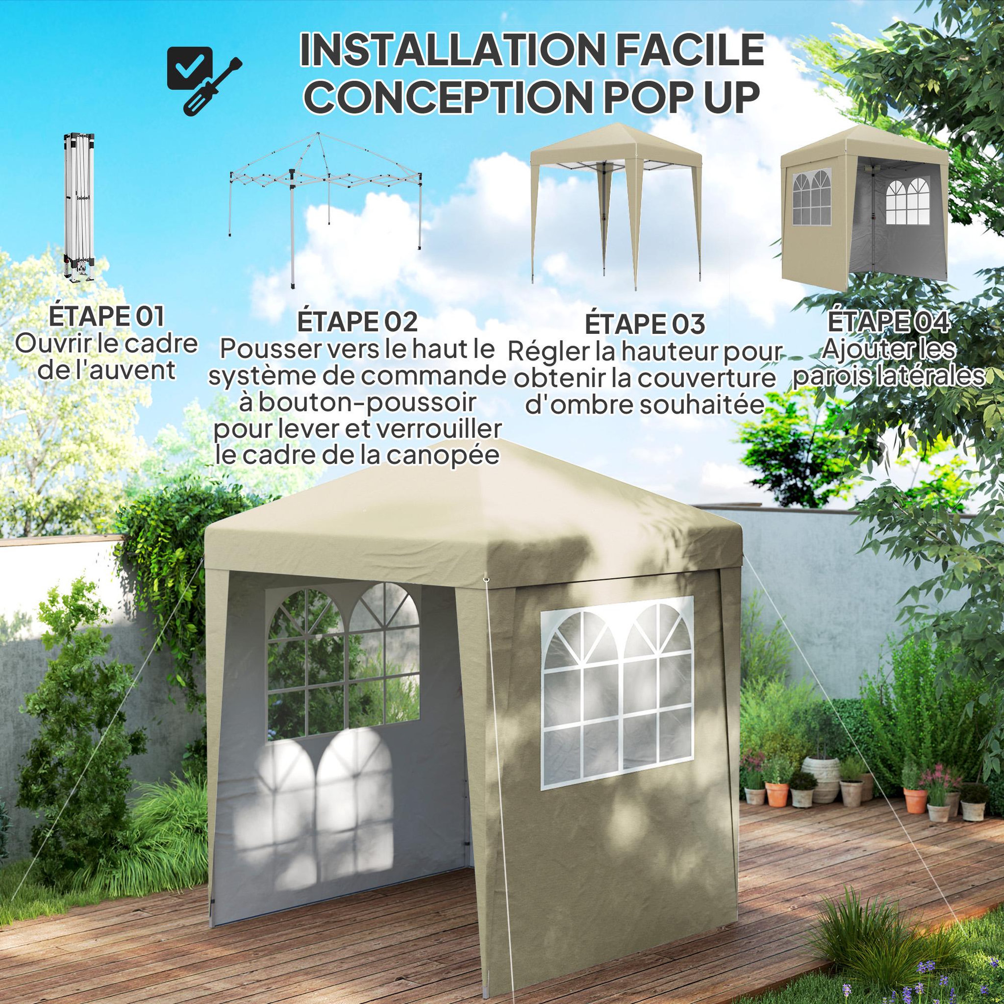 Voir la diapositive 5 : OUTSUNNY Tonnelle de jardin pliante pop-up réglable anti-UV 30+ 4 sacs lestage sac de transport beige