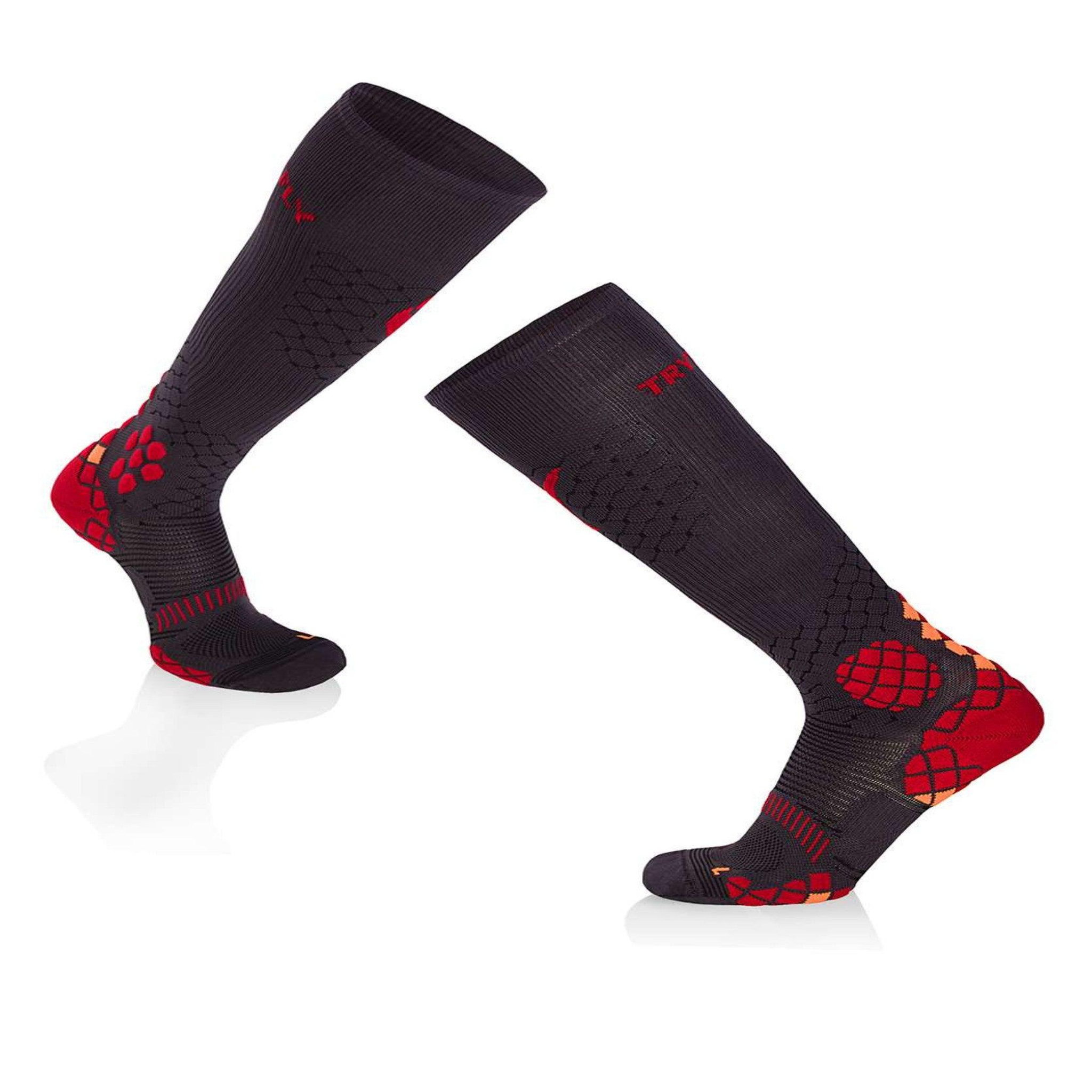 TRY TO FLY Chaussettes compression haut-mollet anthracite & rouge
