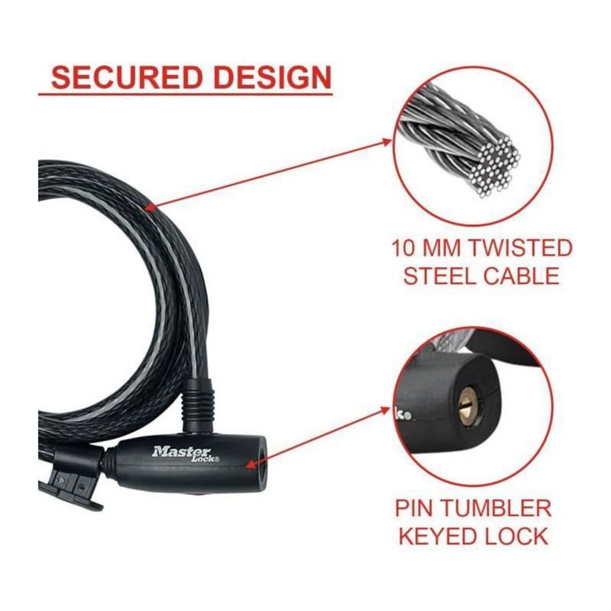 Master lock Cable Antivol Vélo [1,8 m Câble] [Clé] [Extérieur] [Support Fixation Vélo] 8232EURDPRO